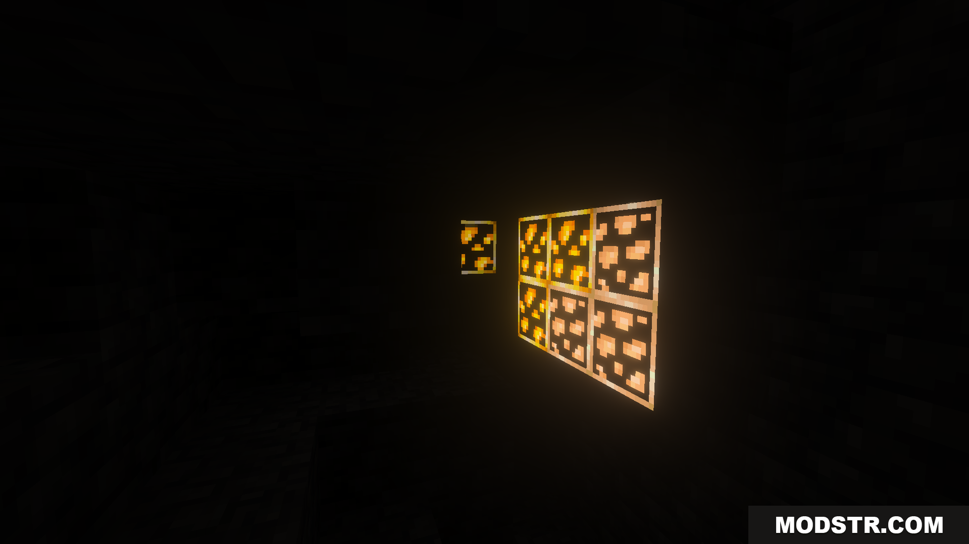 Better Glowing Ores Texture Pack Screenshot 6 close up of glowing ore blocks in a dark cave