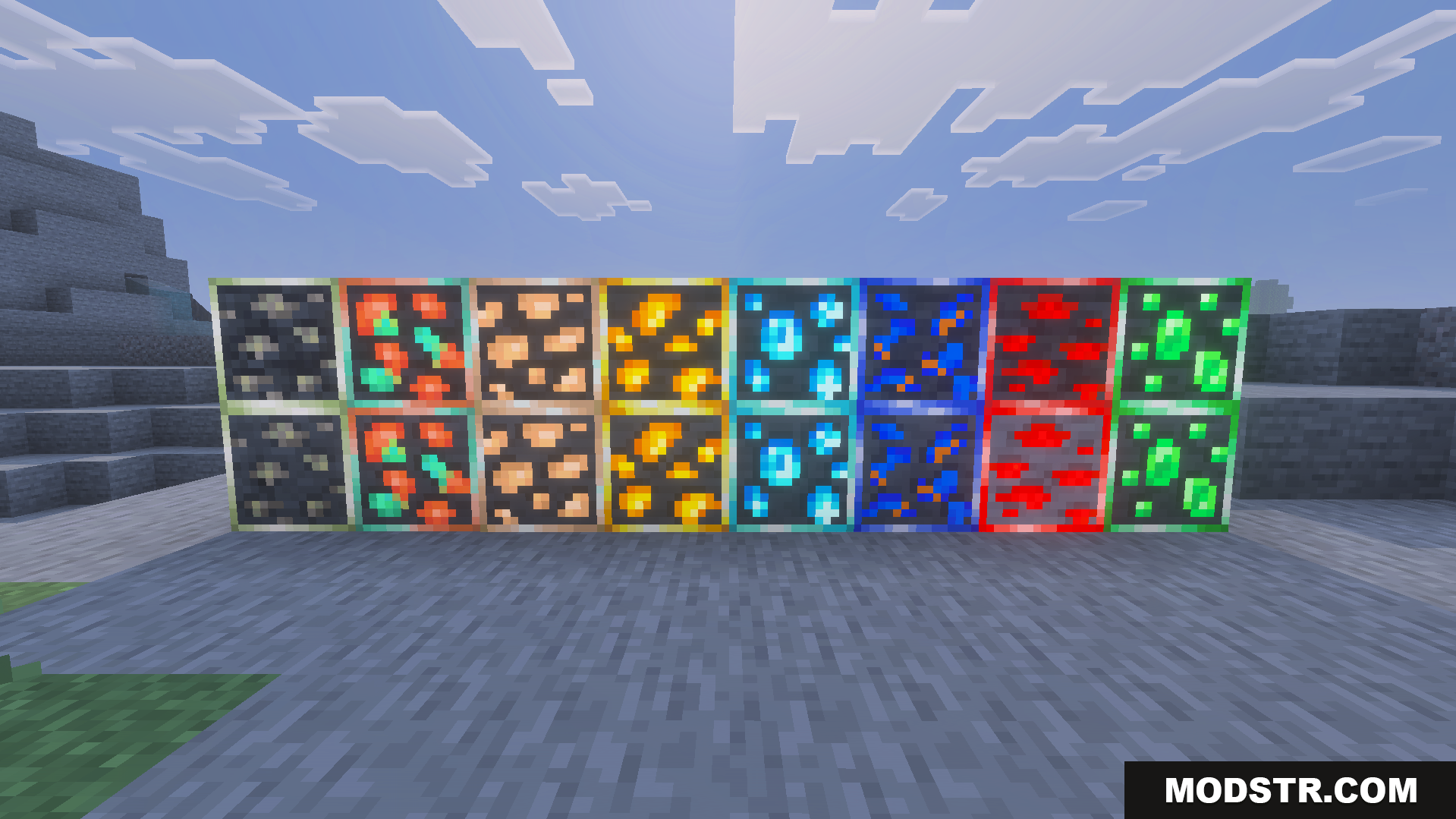 Better Glowing Ores Texture Pack Screenshot 2 Various glowing ore blocks displayed in a row