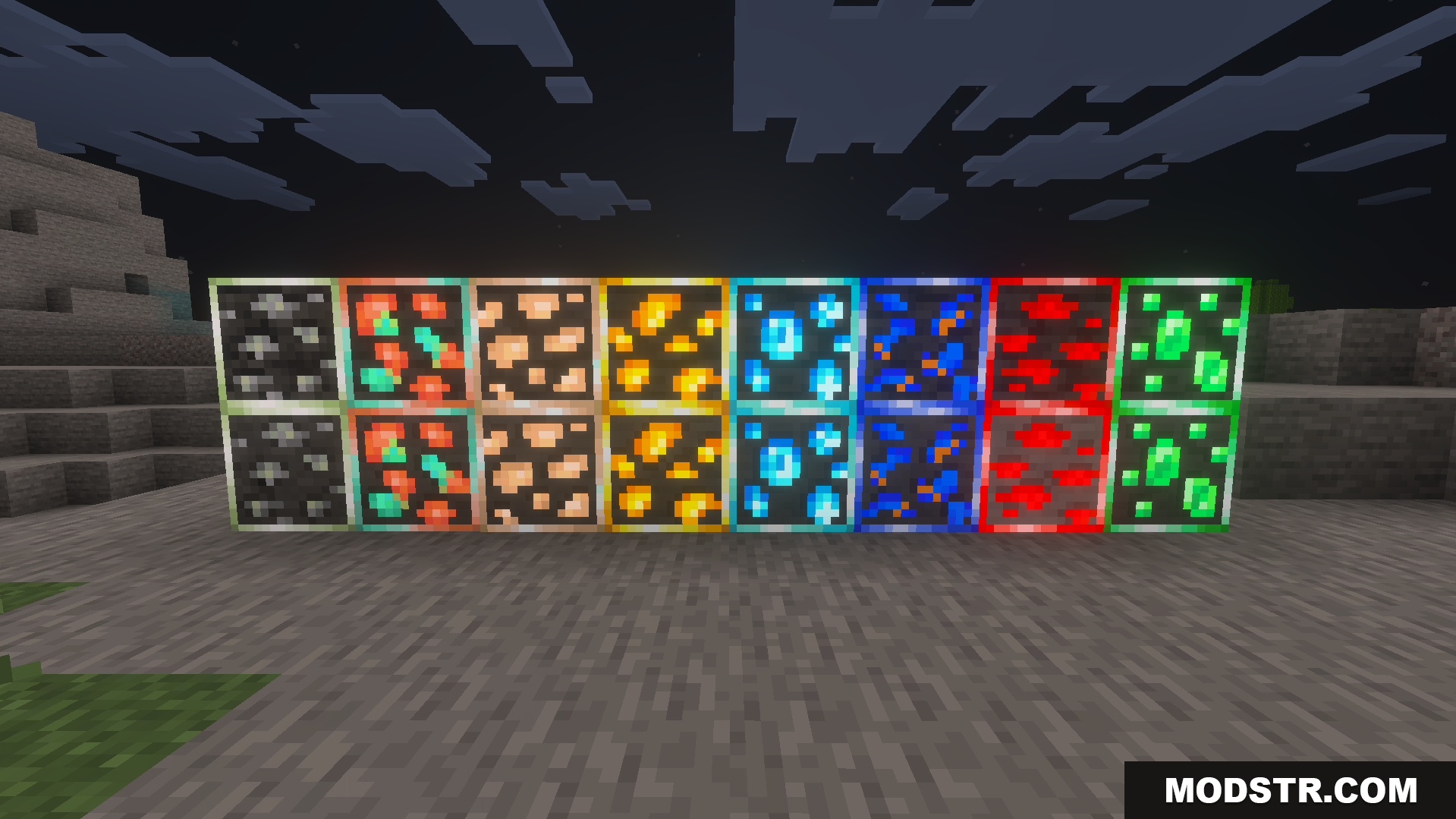 Better Glowing Ores Texture Pack Screenshot 3 Row of different glowing ore blocks shining brightly in the dark