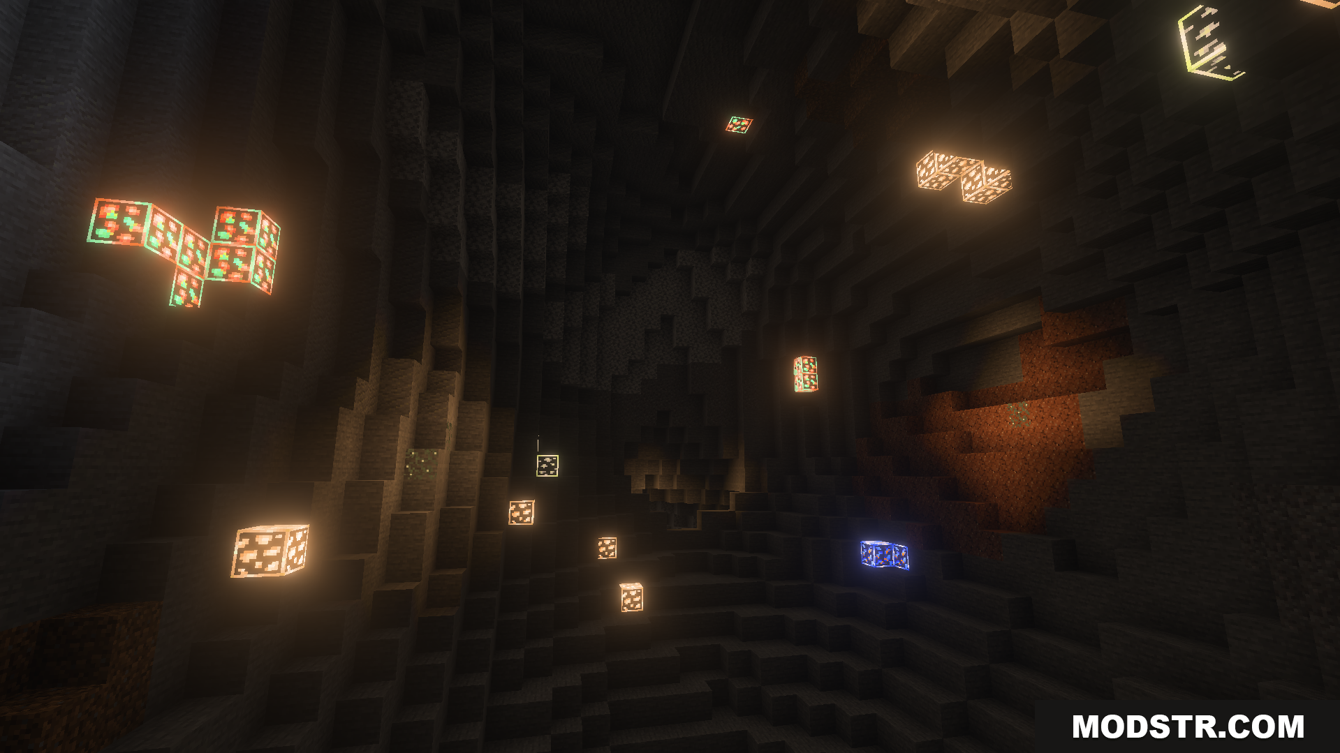 Better Glowing Ores Texture Pack Screenshot 5 glowing ore blocks scattered across a dark cave wall