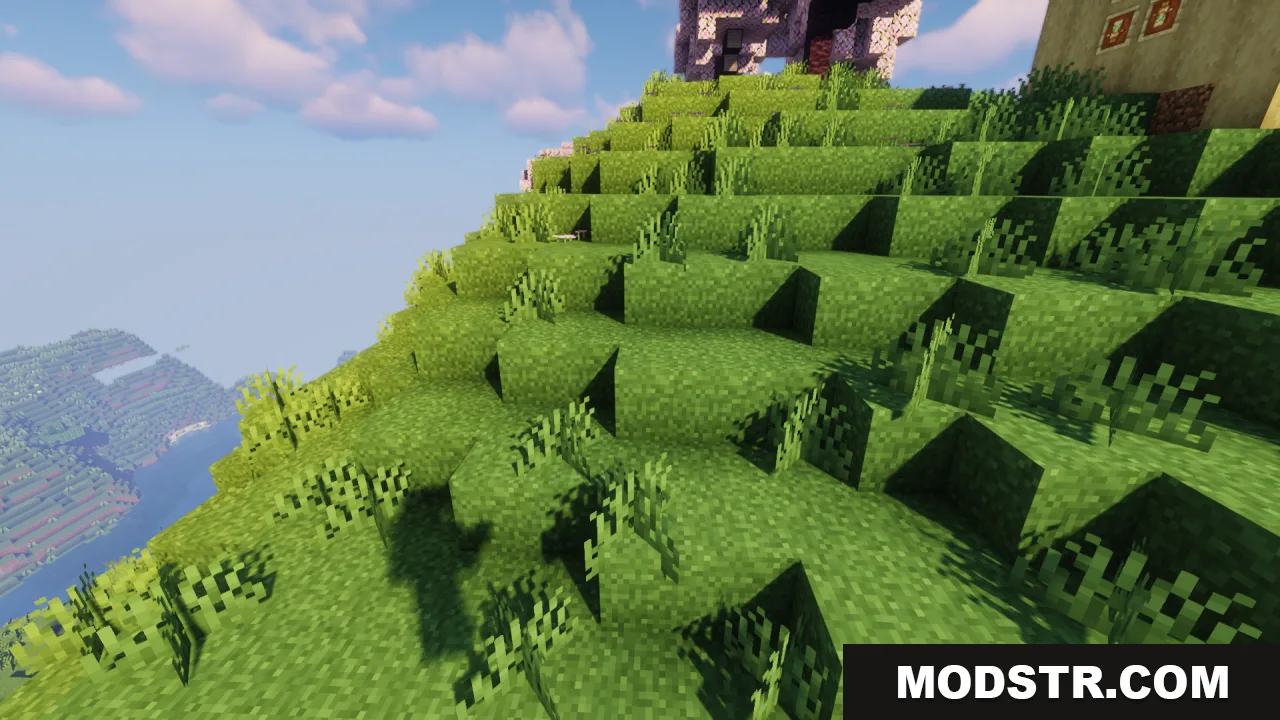Better Grass Without Flowers Resource Pack Screenshot 1 A lush green hillside showing connected grass textures under a blue sky