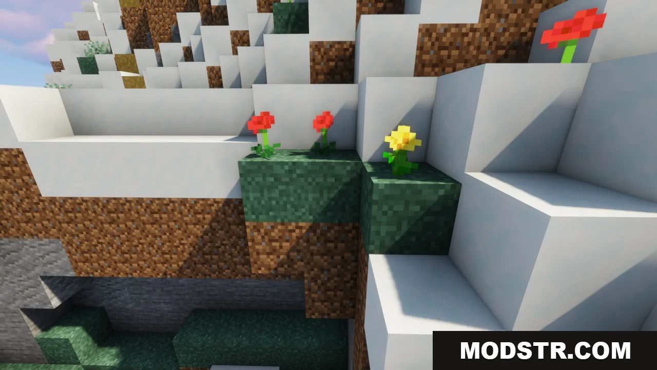 Better Grass Without Flowers Resource Pack Screenshot 6 Red and yellow flowers on smooth connected grass blocks in a snowy biome