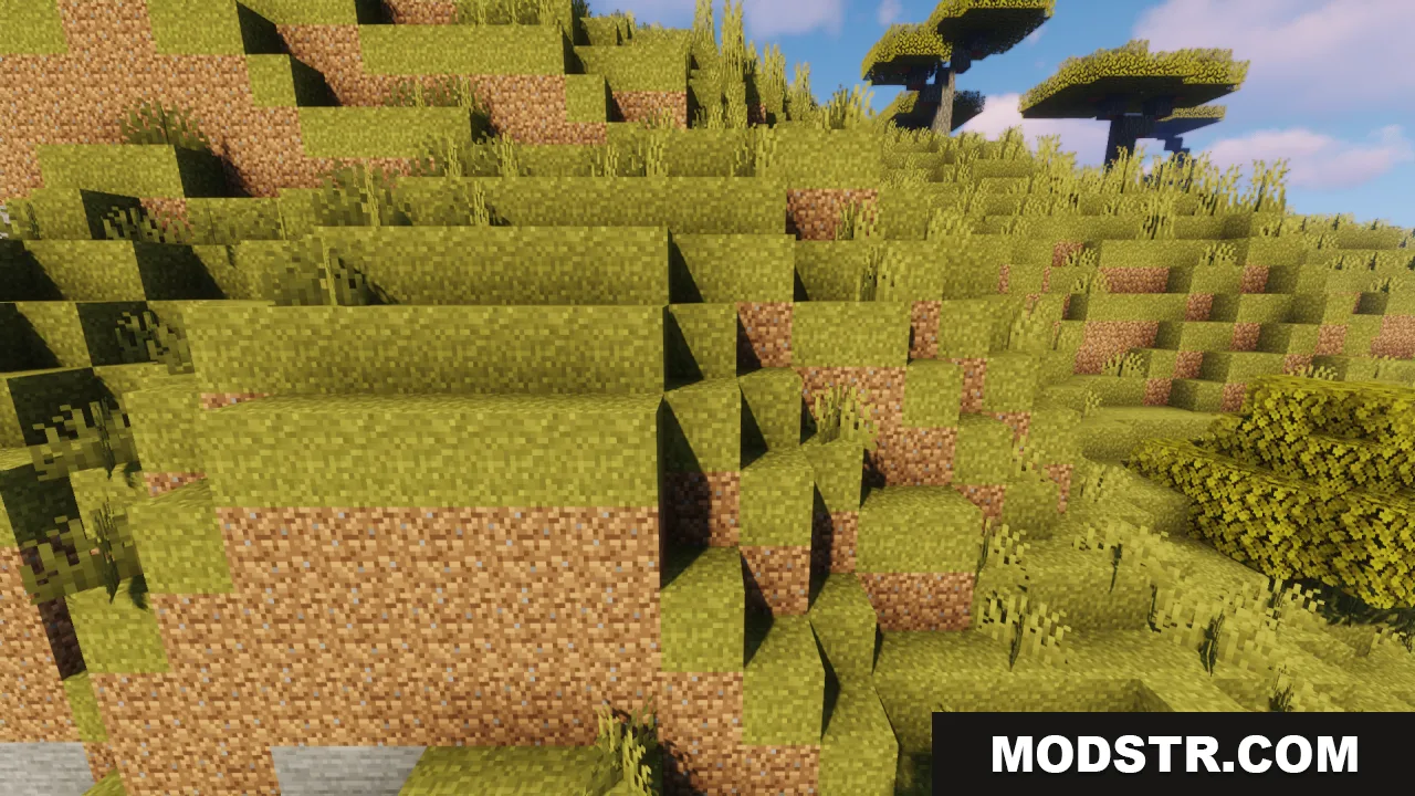 Better Grass Without Flowers Resource Pack Screenshot 12 Connected grass textures create a smooth look on a hilly savanna landscape
