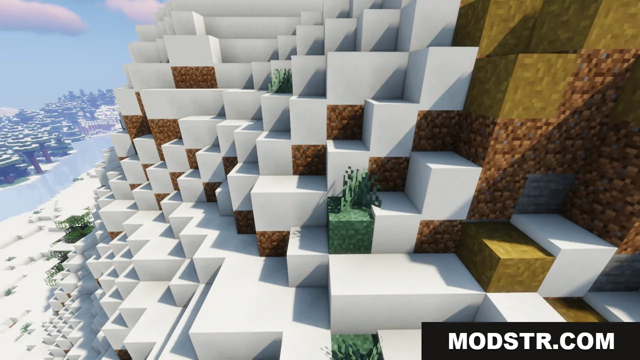 Better Grass Without Flowers Resource Pack Screenshot 8 Snowy mountain landscape featuring connected grass textures on the side of blocks