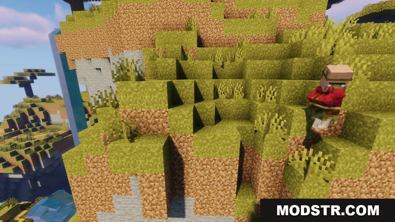 Better Grass Without Flowers Resource Pack Screenshot 11 A savanna villager stands on a hill featuring smooth connected grass textures