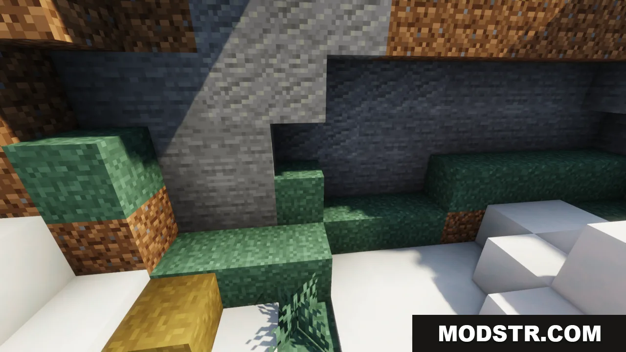Better Grass Without Flowers Resource Pack Screenshot 7 Connected grass textures on a hillside with stone and dirt blocks
