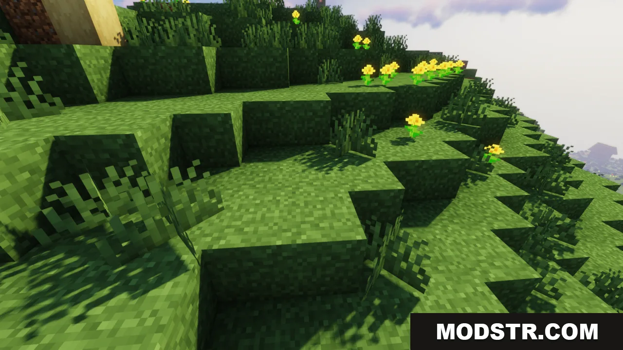 Better Grass Without Flowers Resource Pack Screenshot 2 Yellow flowers placed on a grassy slope with smooth connected grass textures