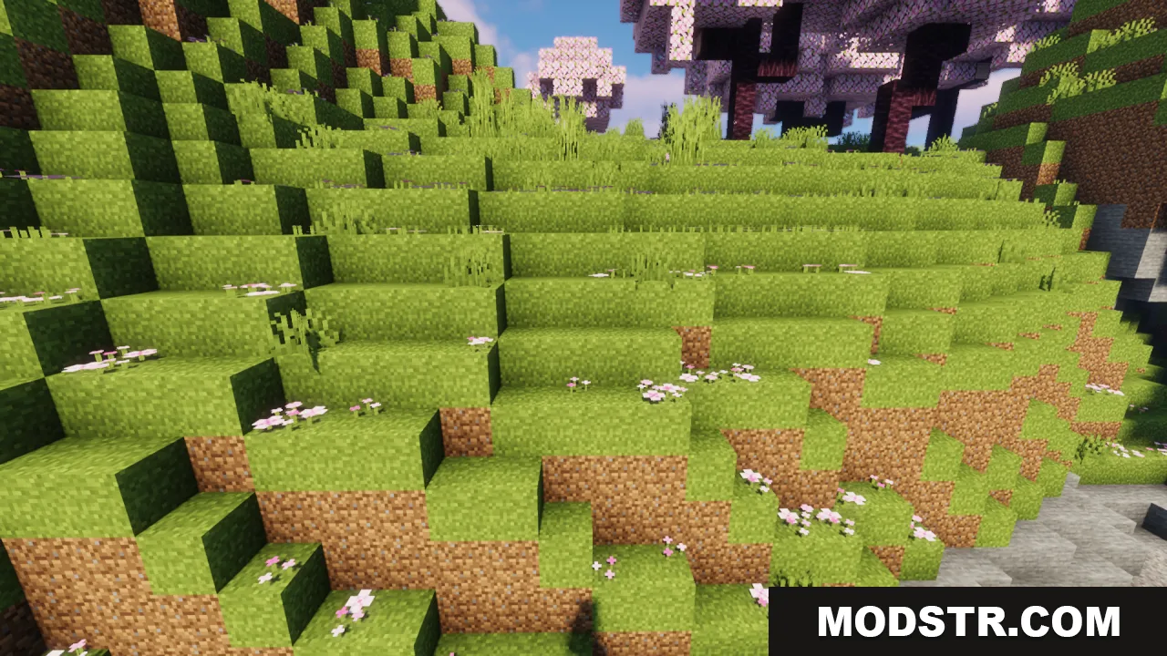 Better Grass Without Flowers Resource Pack Screenshot 4 A lush green hillside with connected grass textures and small pink flowers