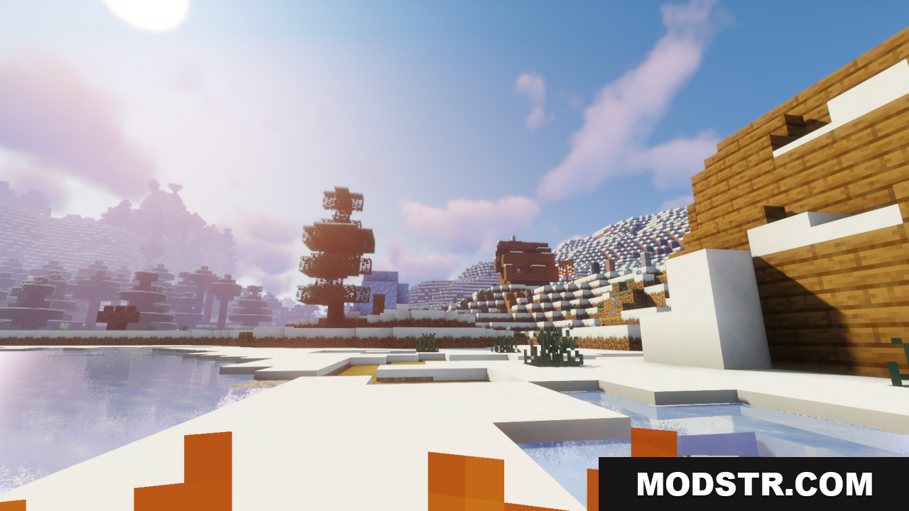 Better Lower Fire Texture Pack Resource Pack Screenshot 9 Player views snowy village with reduced fire flames on the screen