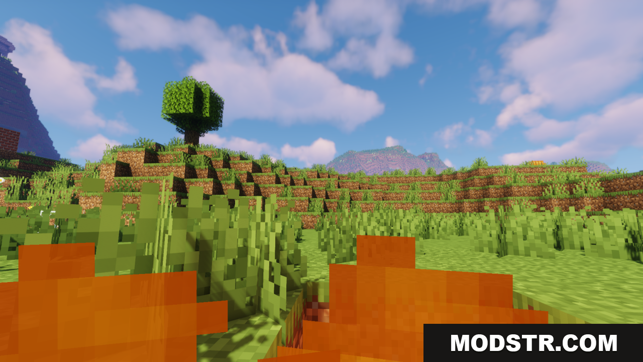 Better Lower Fire Texture Pack Resource Pack Screenshot 2 First person perspective with low flames looking at a grassy hill
