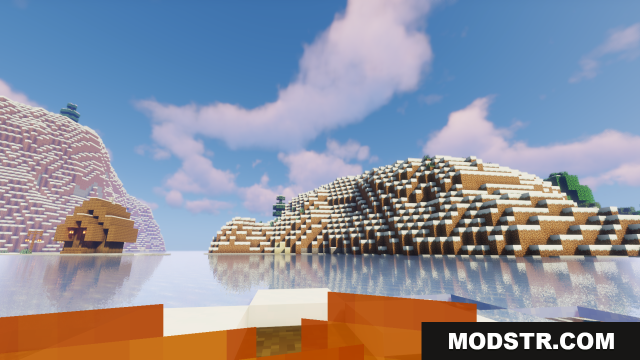 Better Lower Fire Texture Pack Resource Pack Screenshot 11 Reduced screen fire allows clear view of snowy mountain and wooden house