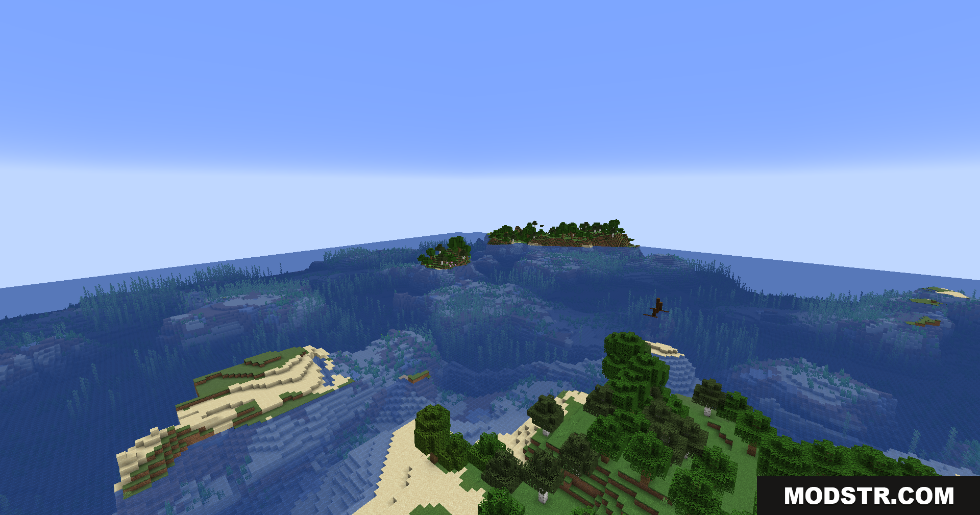 Better Render Distance Mod Screenshot 5 Vast ocean with distant islands seen from a high altitude