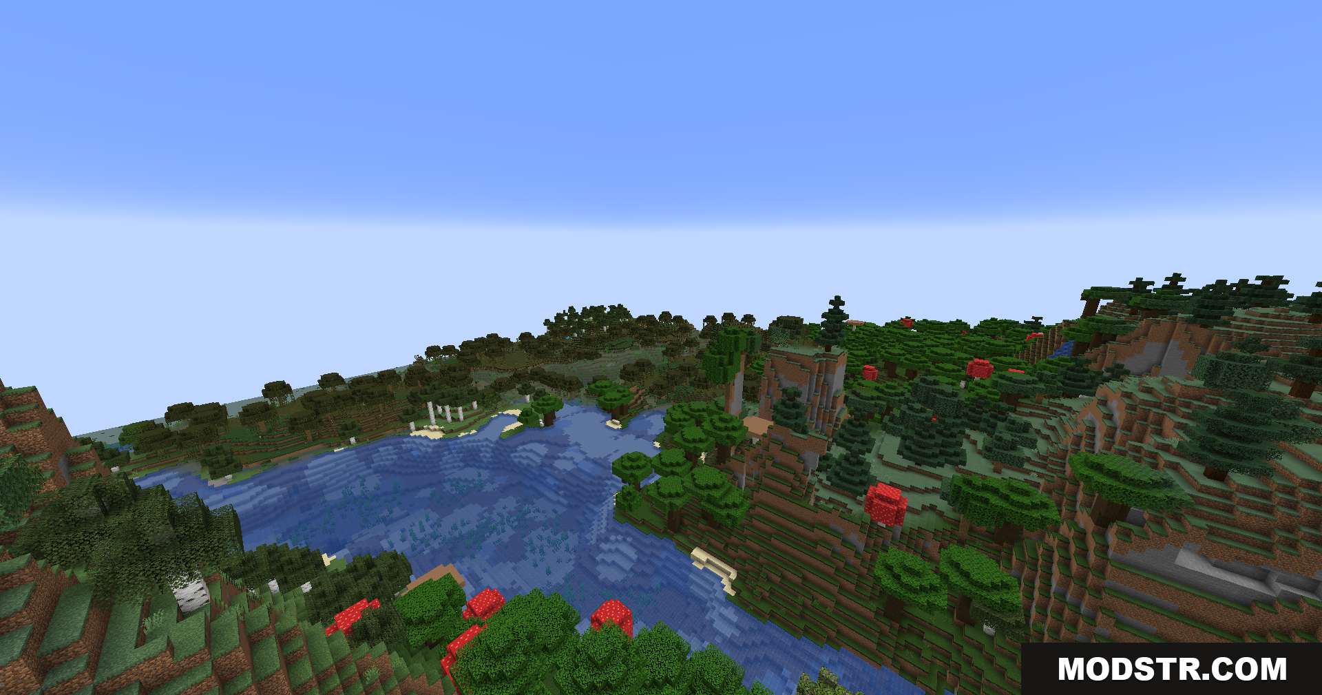 Better Render Distance Mod Screenshot 11 Overlooking a winding river next to a dense roofed forest