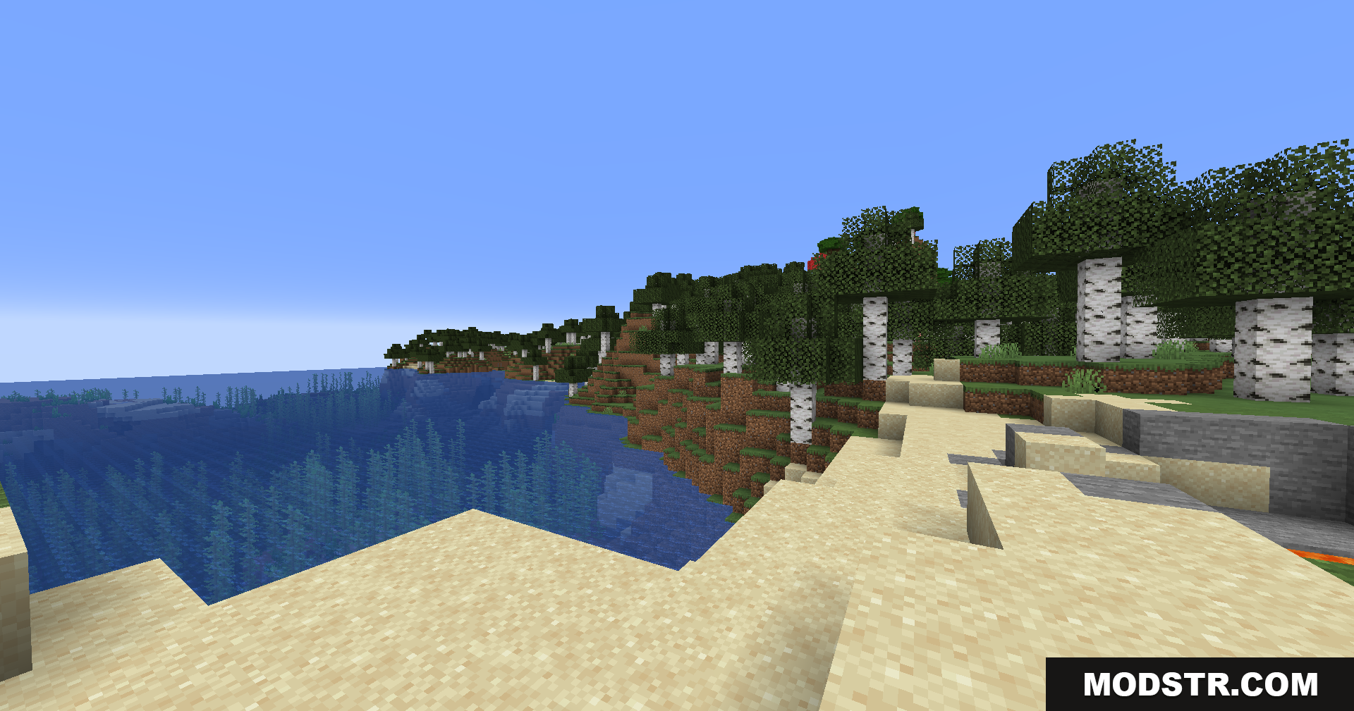 Better Render Distance Mod Screenshot 2 A sandy beach next to a clear blue ocean