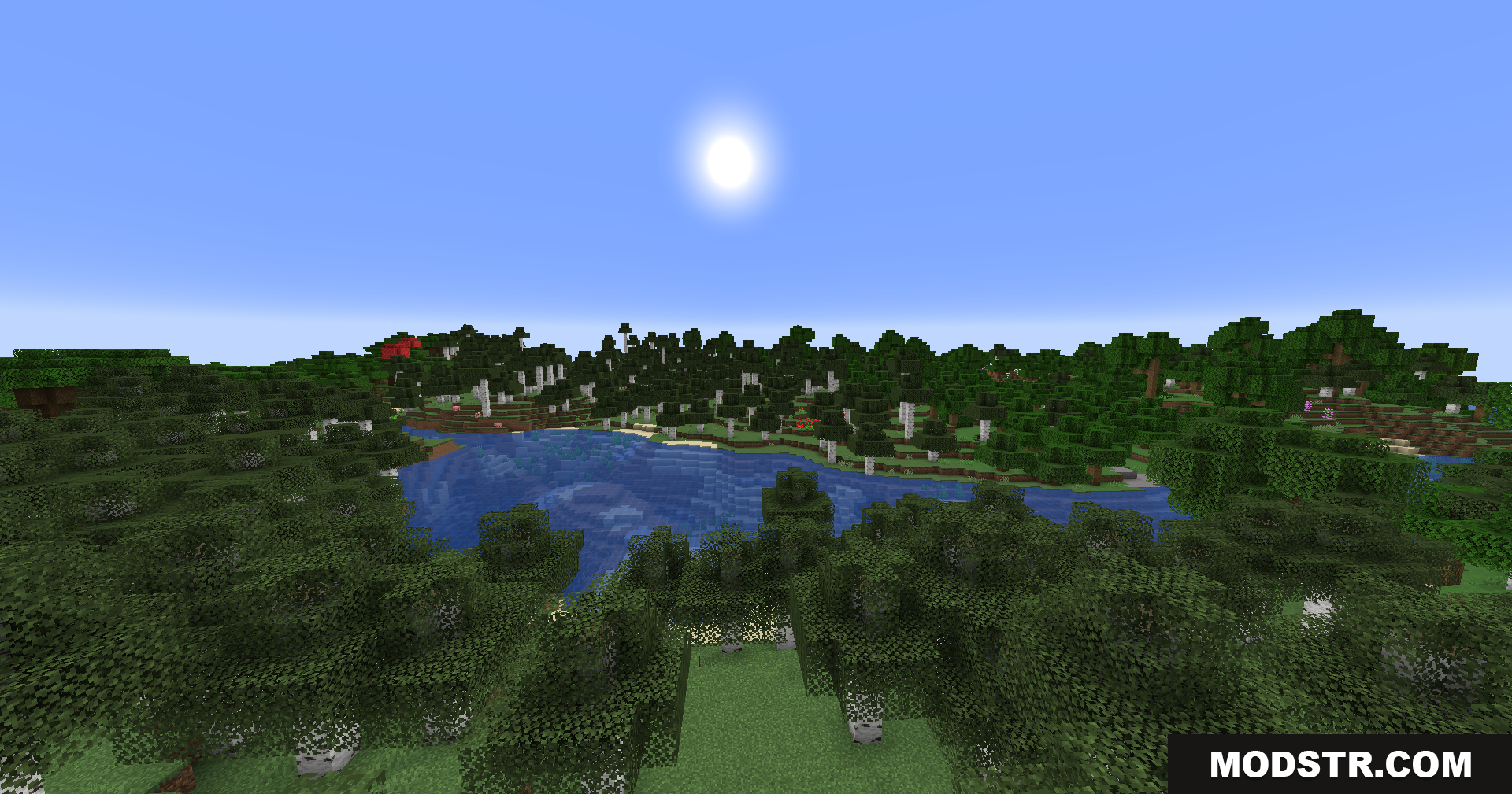 Better Render Distance Mod Screenshot 3 Expansive view of a lake surrounded by dense forest