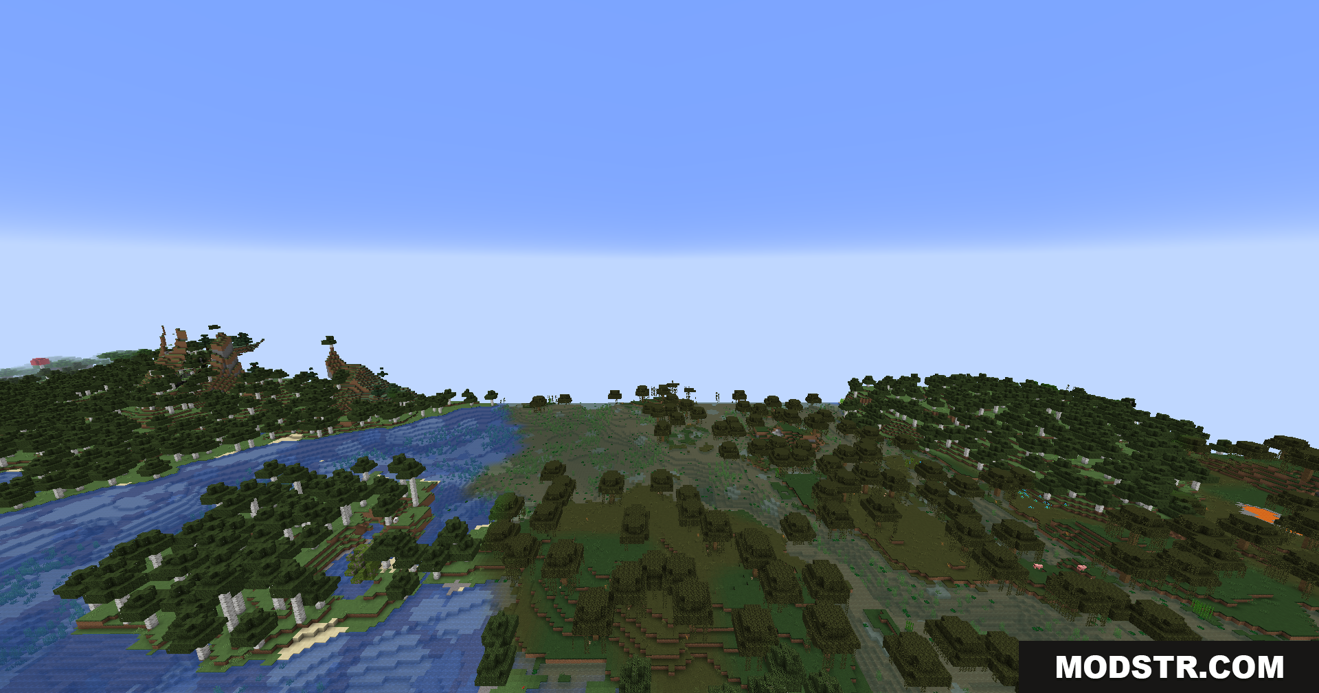 Better Render Distance Mod Screenshot 12 An expansive view over a flat, tree-covered swampy landscape