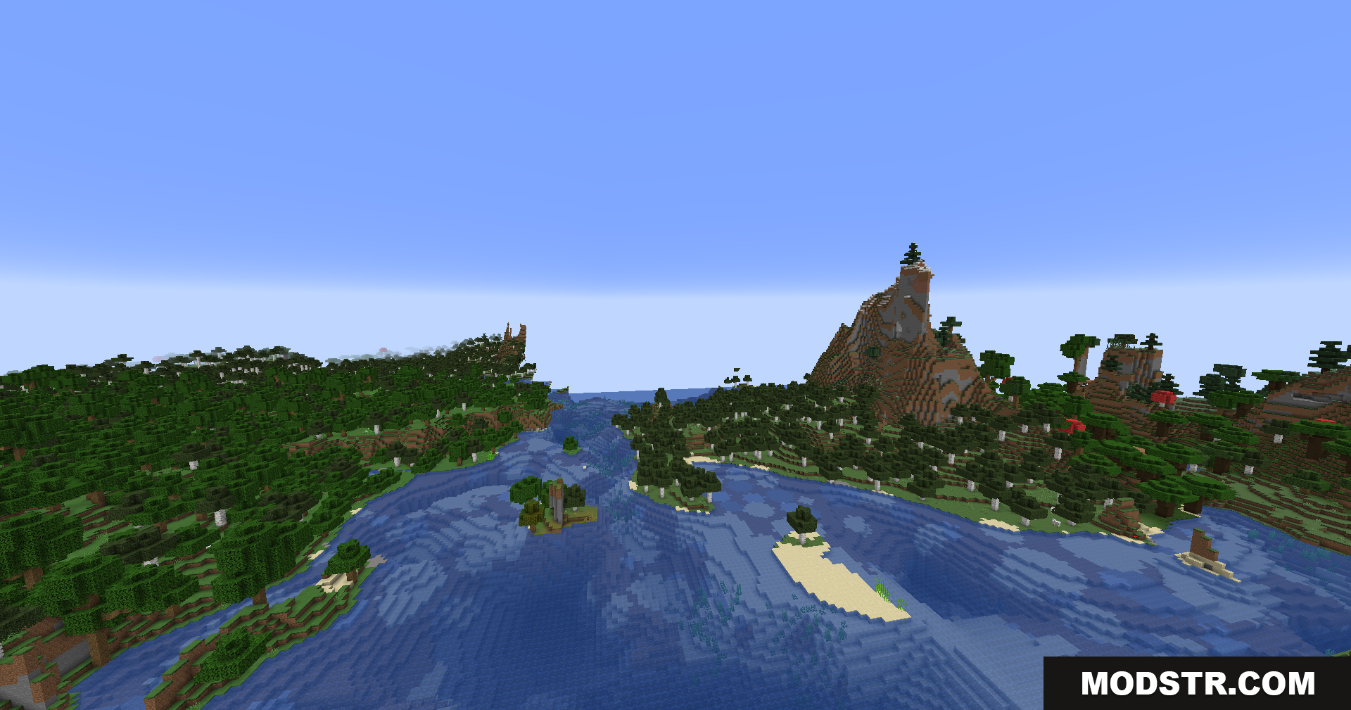 Better Render Distance Mod Screenshot 10 A wide river flows between two large forested landmasses