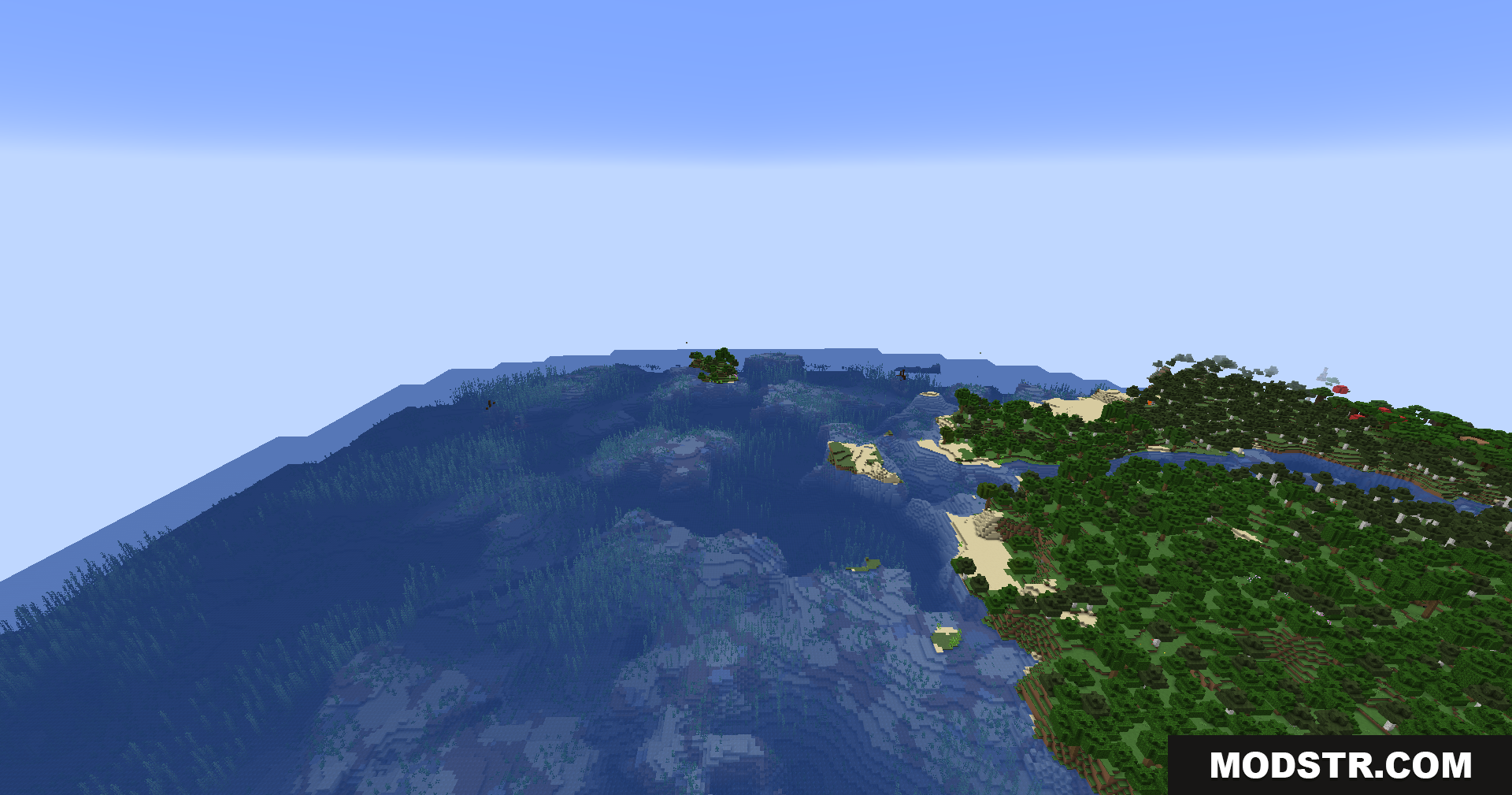 Better Render Distance Mod Screenshot 6 Expansive view of a forested coastline meeting the deep blue sea