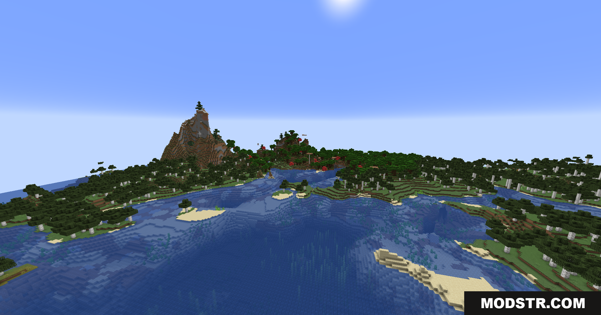 Better Render Distance Mod Screenshot 9 Vast ocean landscape with islands and a mountain