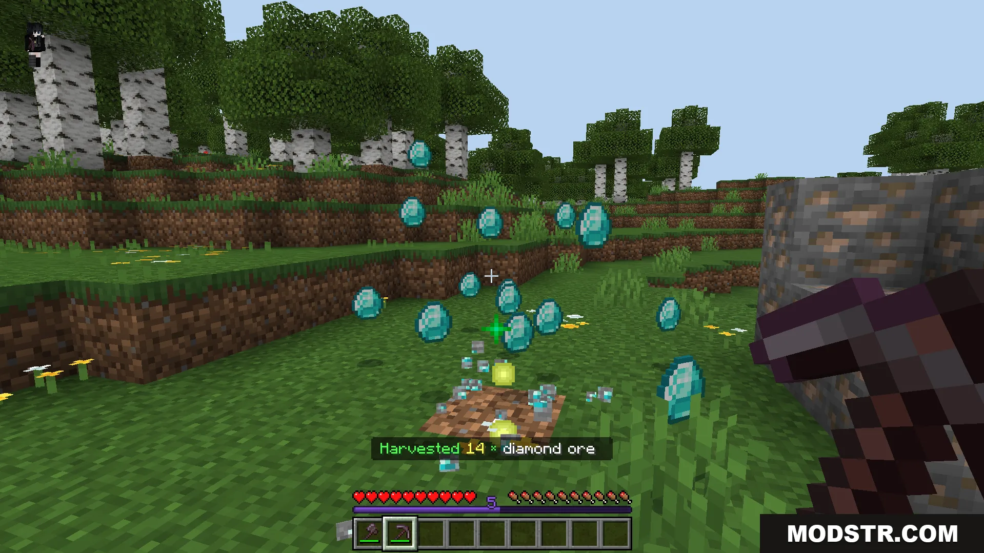Breaking one block to harvest fourteen connected diamond ores at once