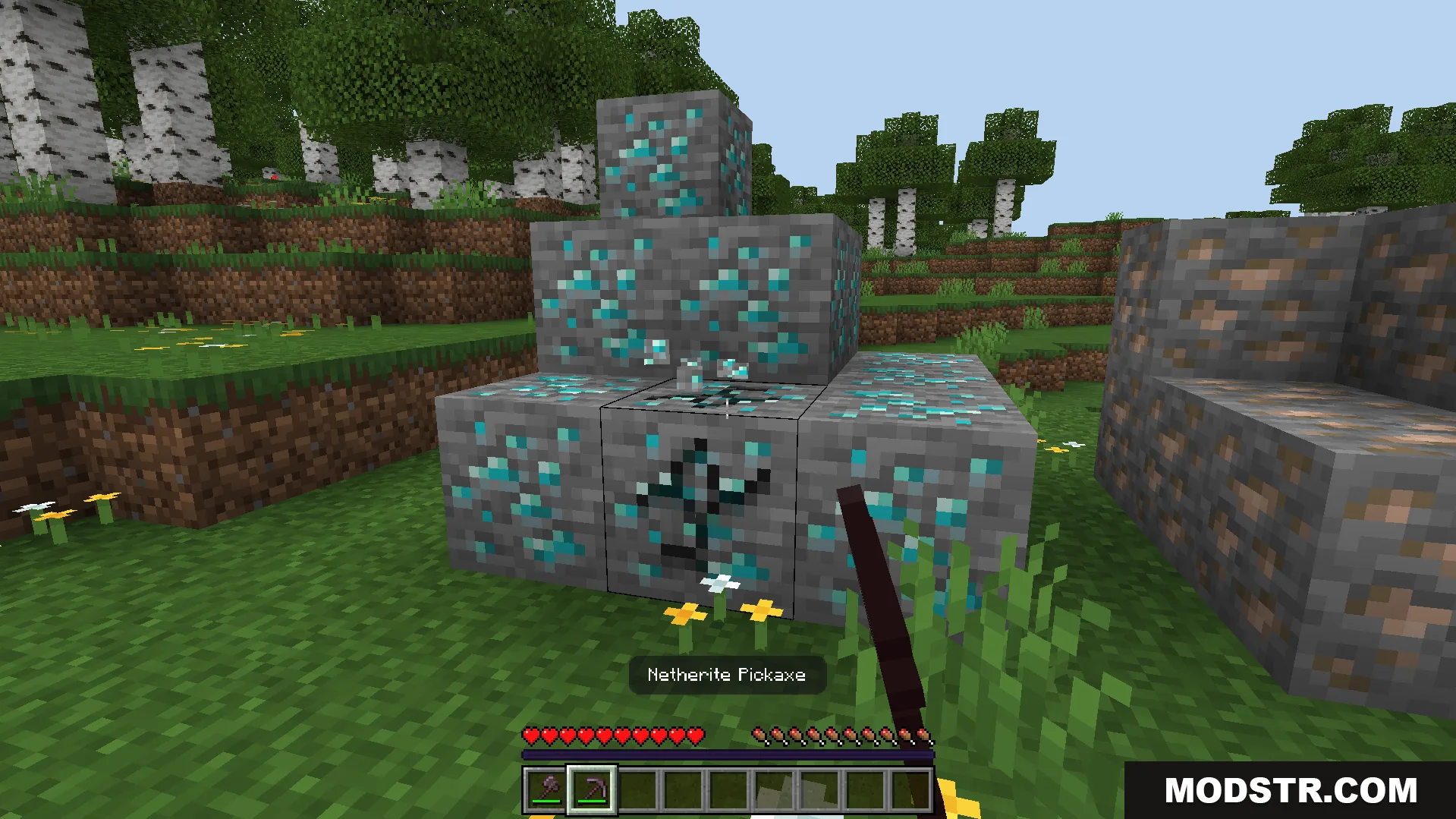 Player preparing to mine a cluster of connected diamond ores