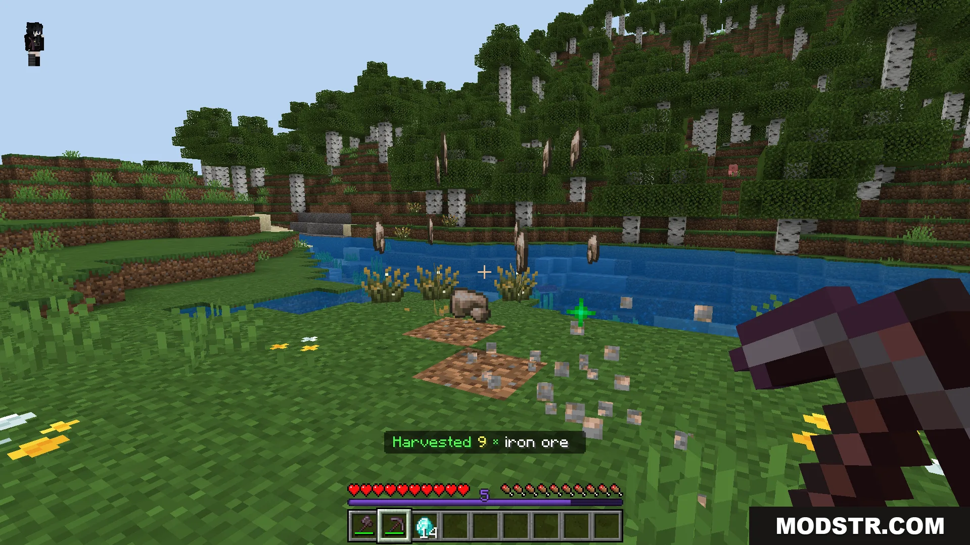 All connected iron ores mined at once dropping raw iron and experience