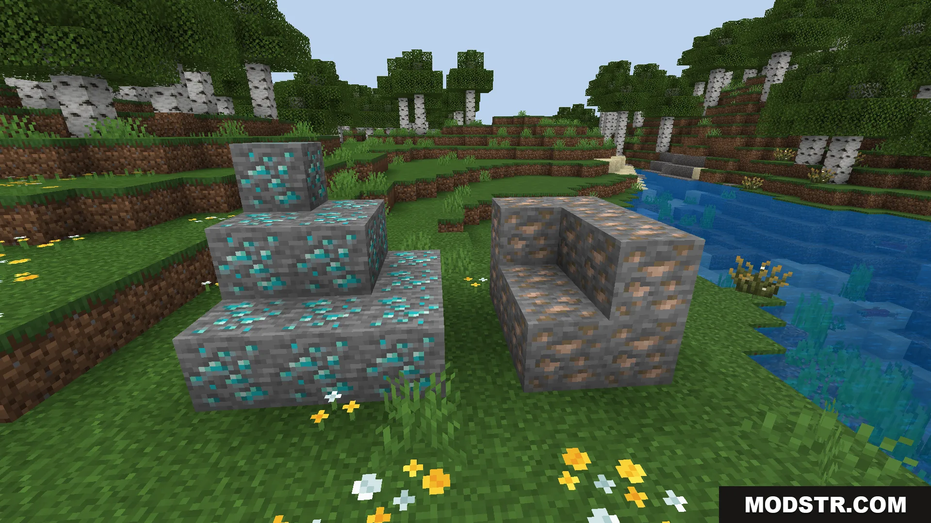 connected diamond and iron ores placed on grass to mine automatically when sneaking