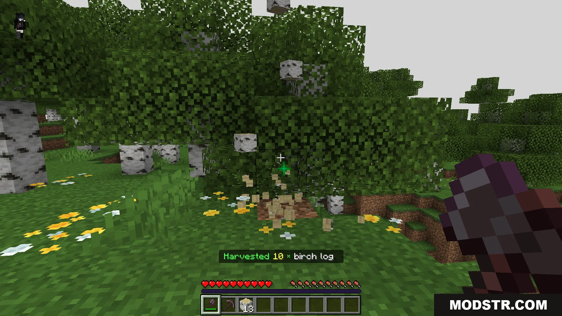 player chopping down entire birch tree at once gathering wood resources much faster