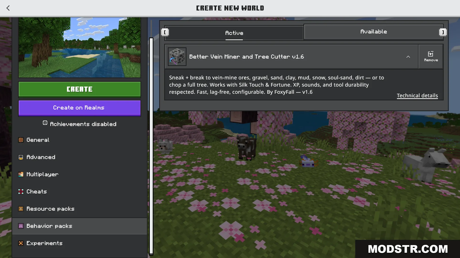 world creation menu showing the active better vein miner and tree cutter addon