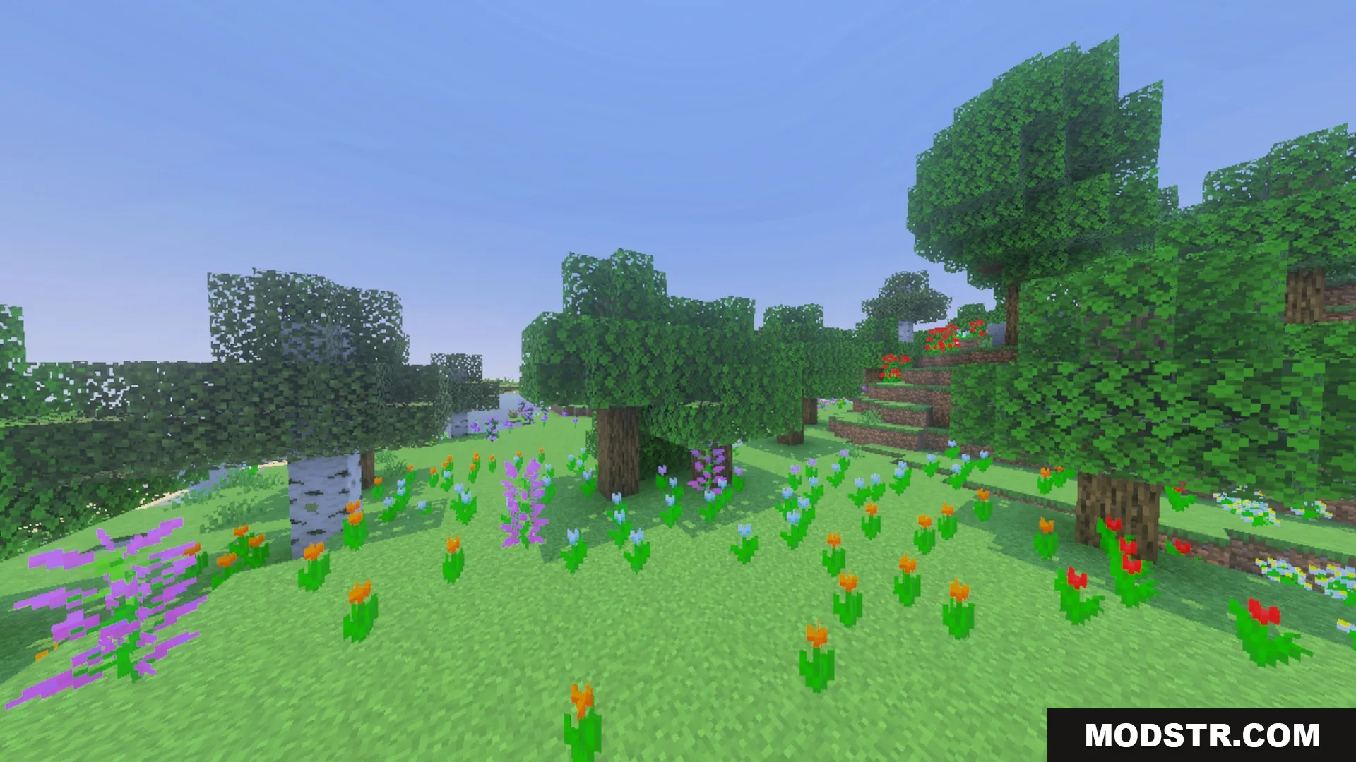 Better Waving Leaves Shader Screenshot 9 Lush green trees and colorful flowers swaying in a sunny Minecraft meadow