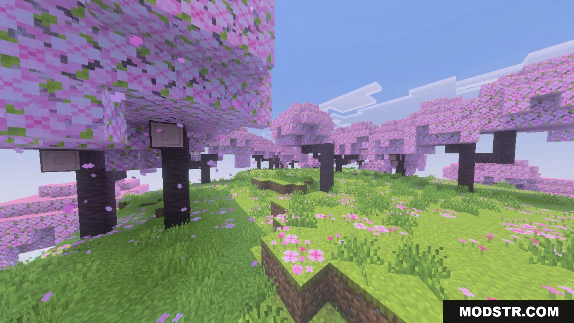 Better Waving Leaves Shader Screenshot 5 Cherry blossom trees with pink leaves and flowers swaying in a grassy field