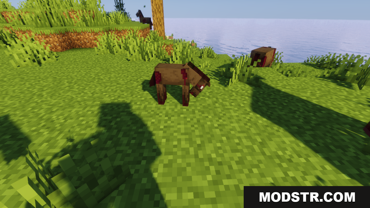 Better Zombie Horse Resource Pack Screenshot 9 A zombie horse with bloody patches grazing on grass