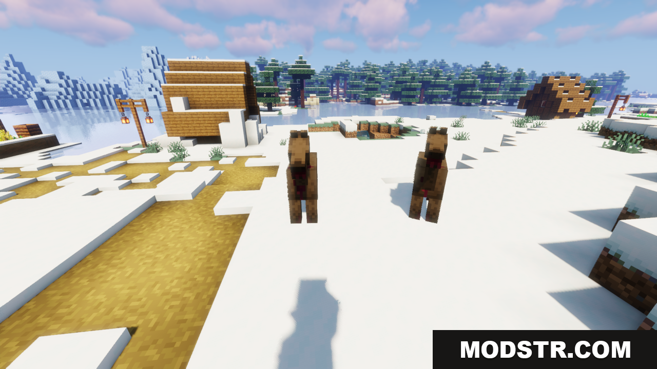 Better Zombie Horse Resource Pack Screenshot 10 Two retextured zombie horses standing in a snowy village