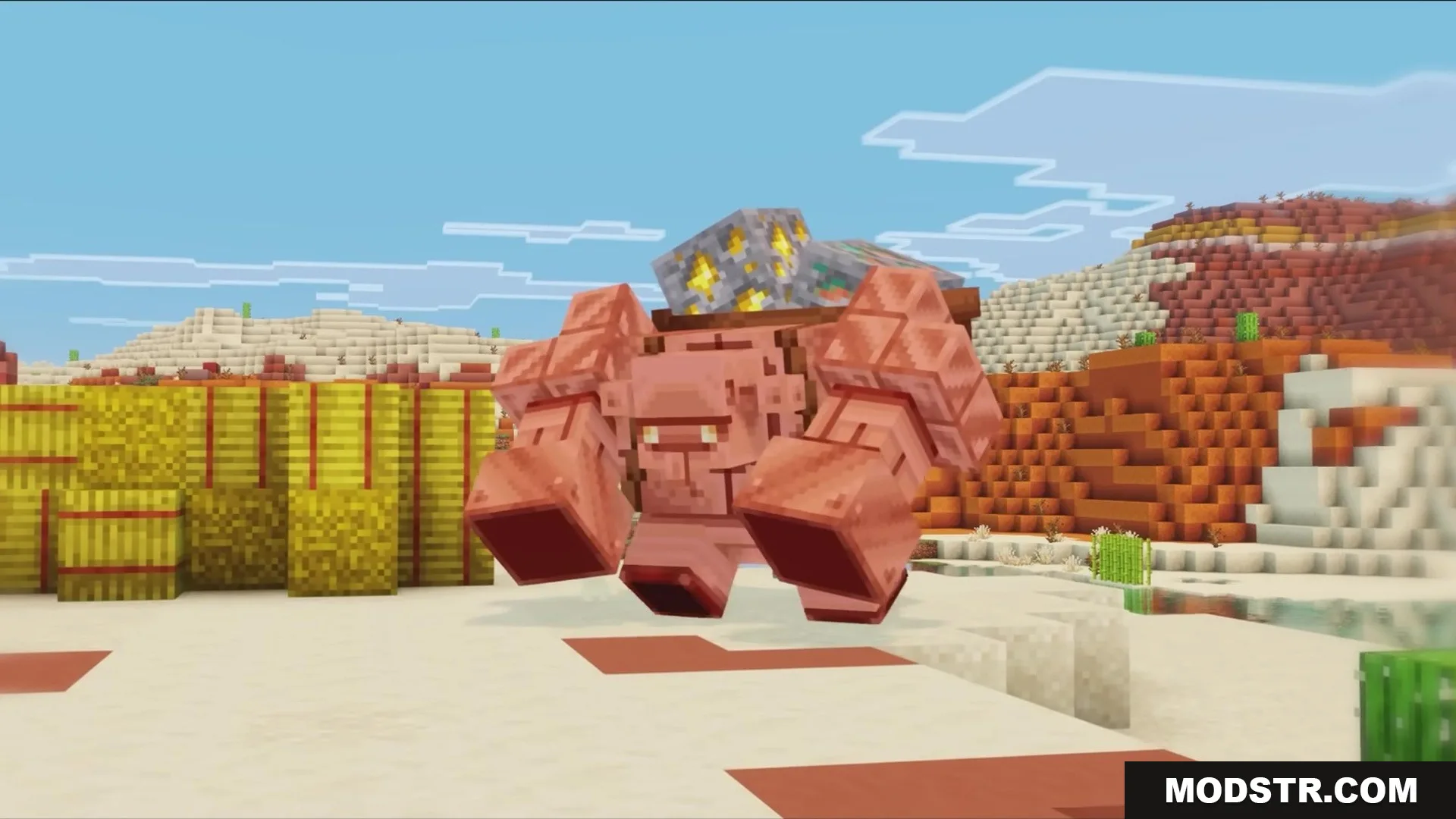 Bettercoppergolem Mod Screenshot 6 Copper golem carrying gold ore blocks on its back through the desert