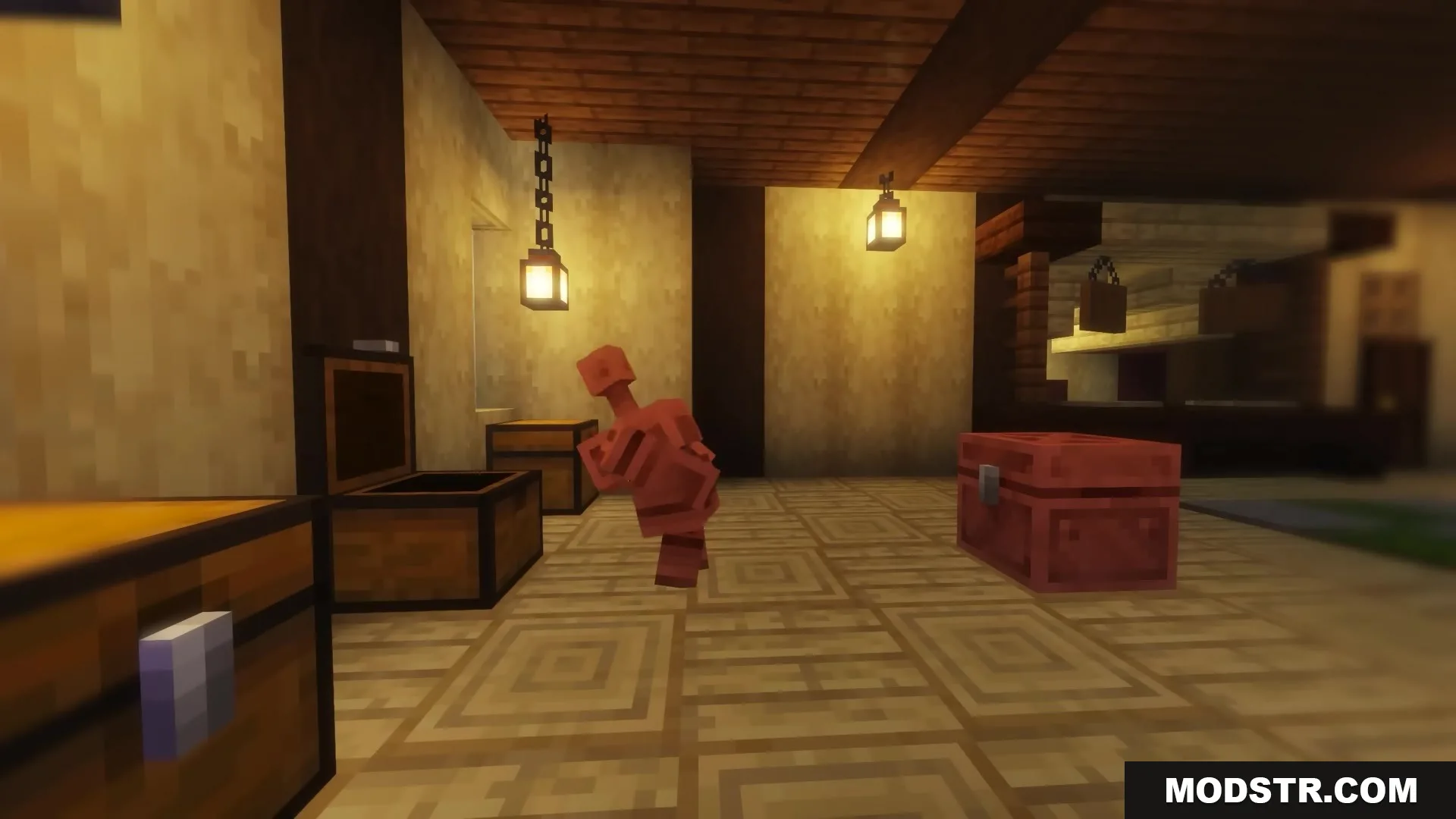Bettercoppergolem Mod Screenshot 2 Copper golem interacting with an open chest in a cozy storage room