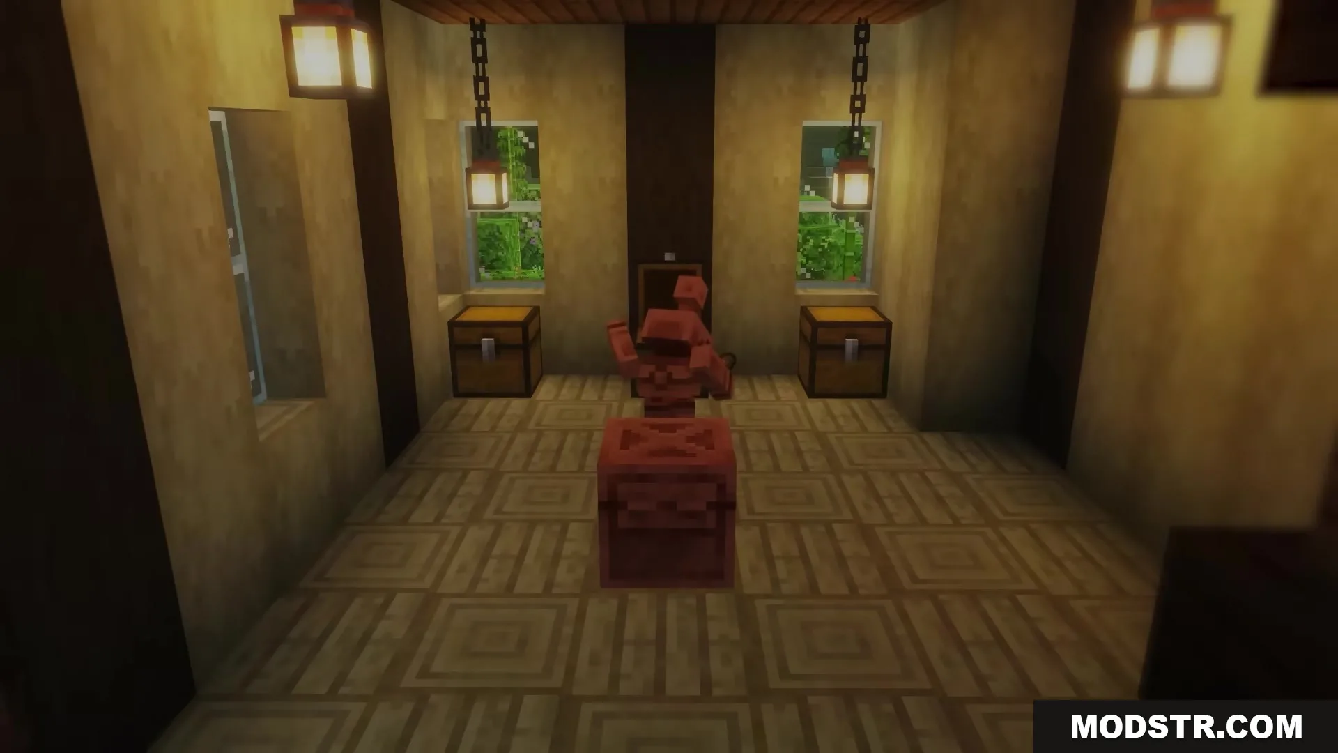Bettercoppergolem Mod Screenshot 1 A copper golem stands in a room with chests and hanging lanterns