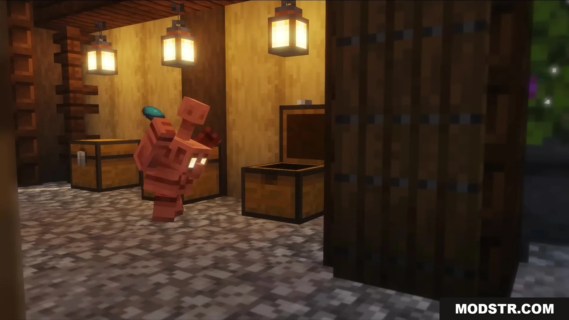 Bettercoppergolem Mod Screenshot 5 A copper golem helper moving items between chests in a storage room