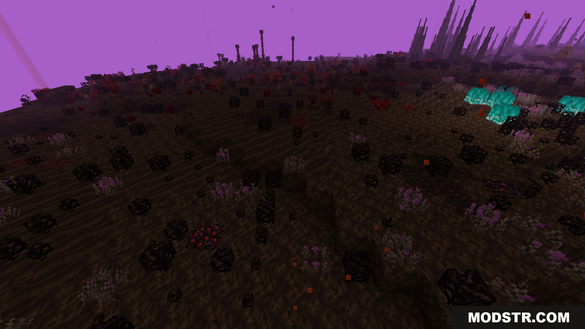 Betternether Forge Mod Screenshot 15 A dark Nether landscape with unique colorful flora