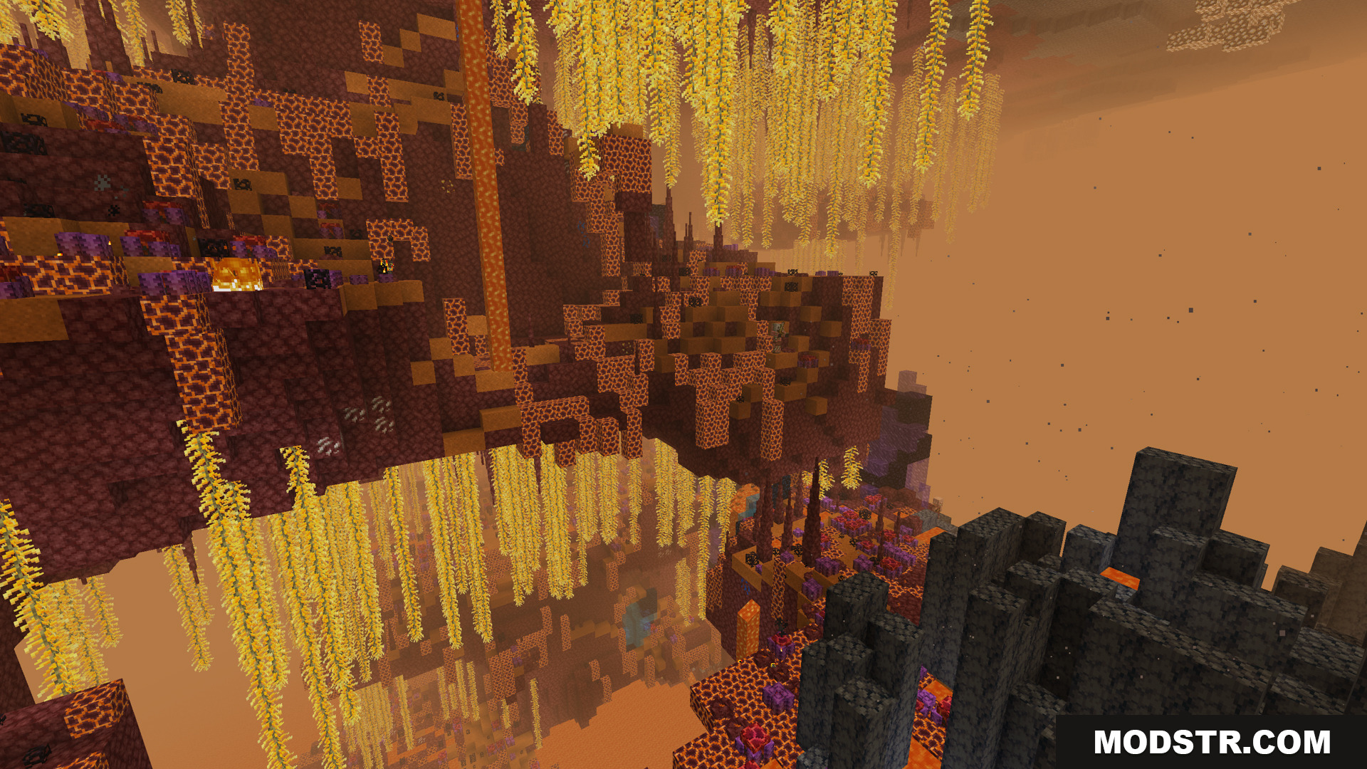 Betternether Forge Mod Screenshot 13 Floating Nether islands with long golden hanging vines