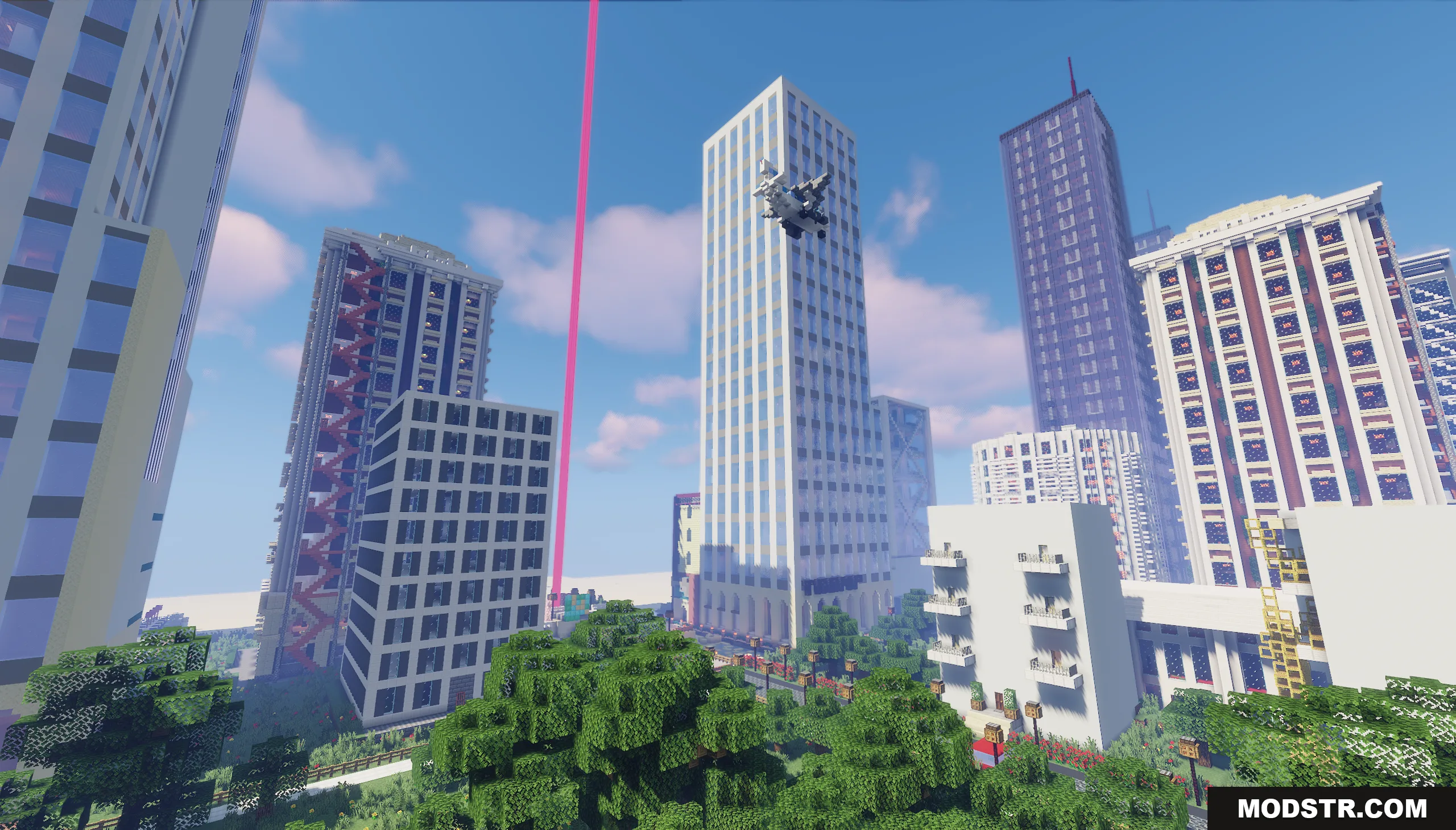 Big City of New Nordland Map Screenshot 8 A small aircraft flies between tall skyscrapers in a bright urban city