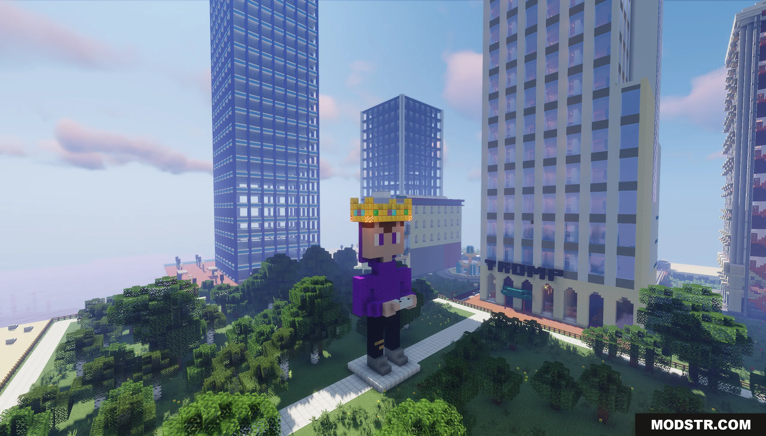 Big City of New Nordland Map Screenshot 7 Giant player statue with a crown standing in a modern city park