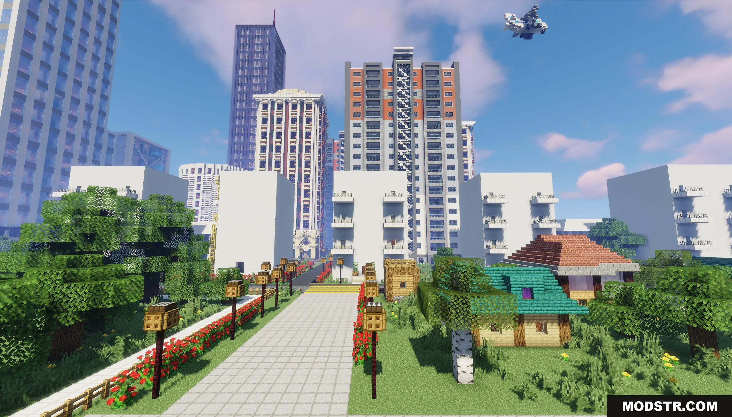 Big City of New Nordland Map Screenshot 2 A paved walkway lined with flowers leads toward modern skyscrapers and a flying vehicle
