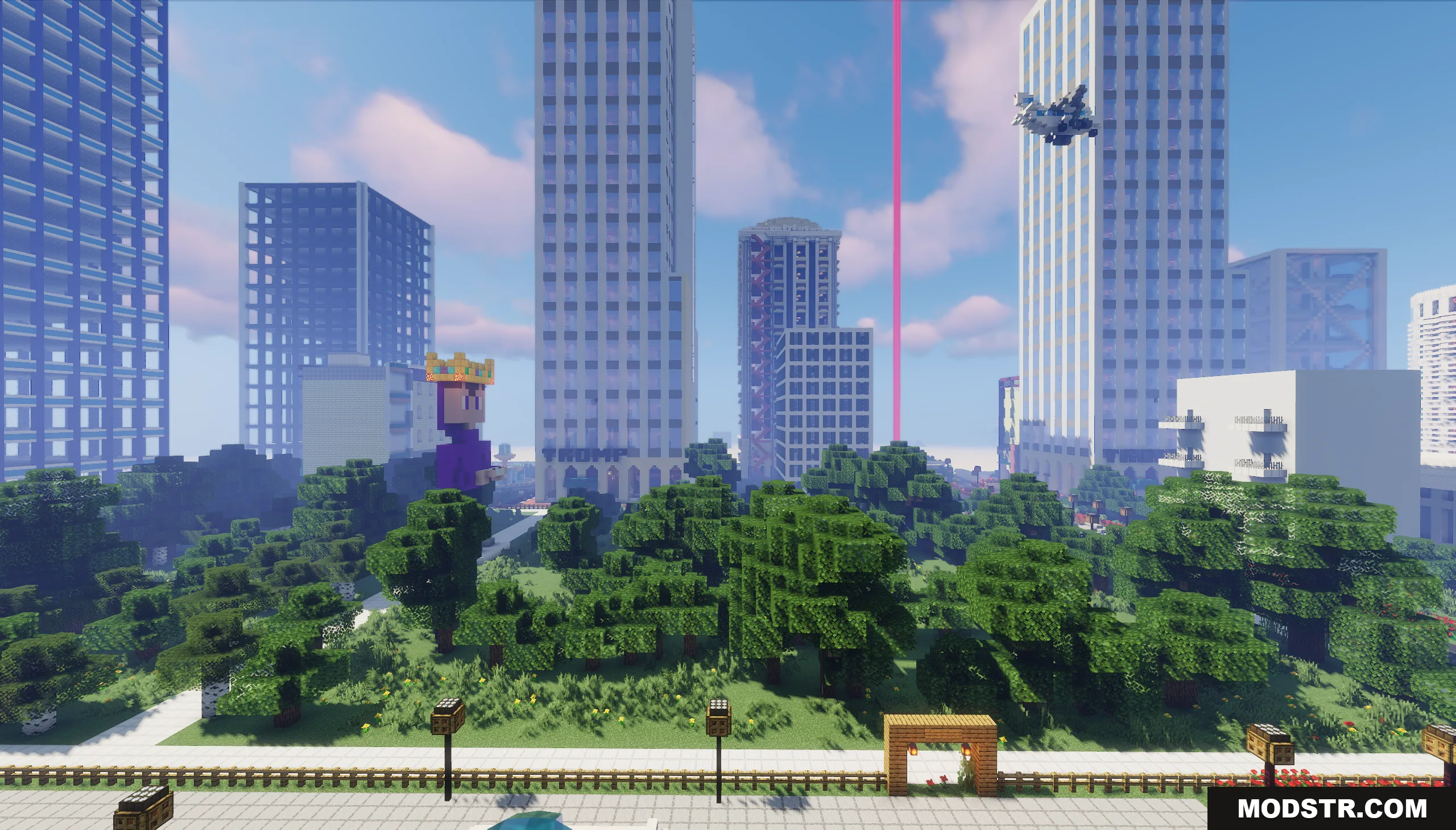 Big City of New Nordland Map Screenshot 1 Tall skyscrapers overlook a green park with a purple statue and flying vehicle