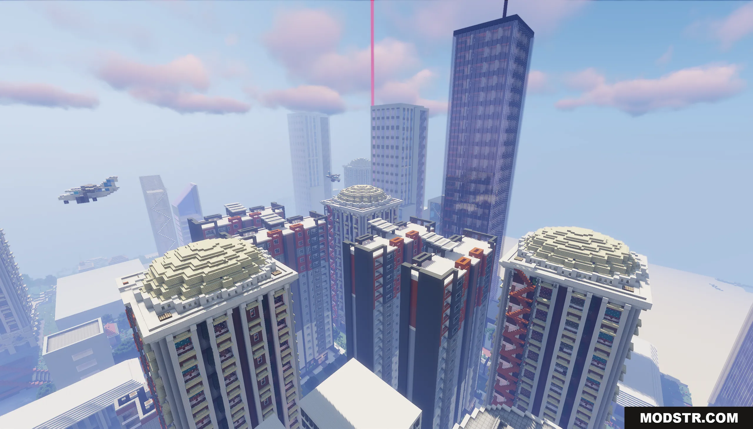 Big City of New Nordland Map Screenshot 6 An airplane flies past tall buildings with dome roofs in a modern city
