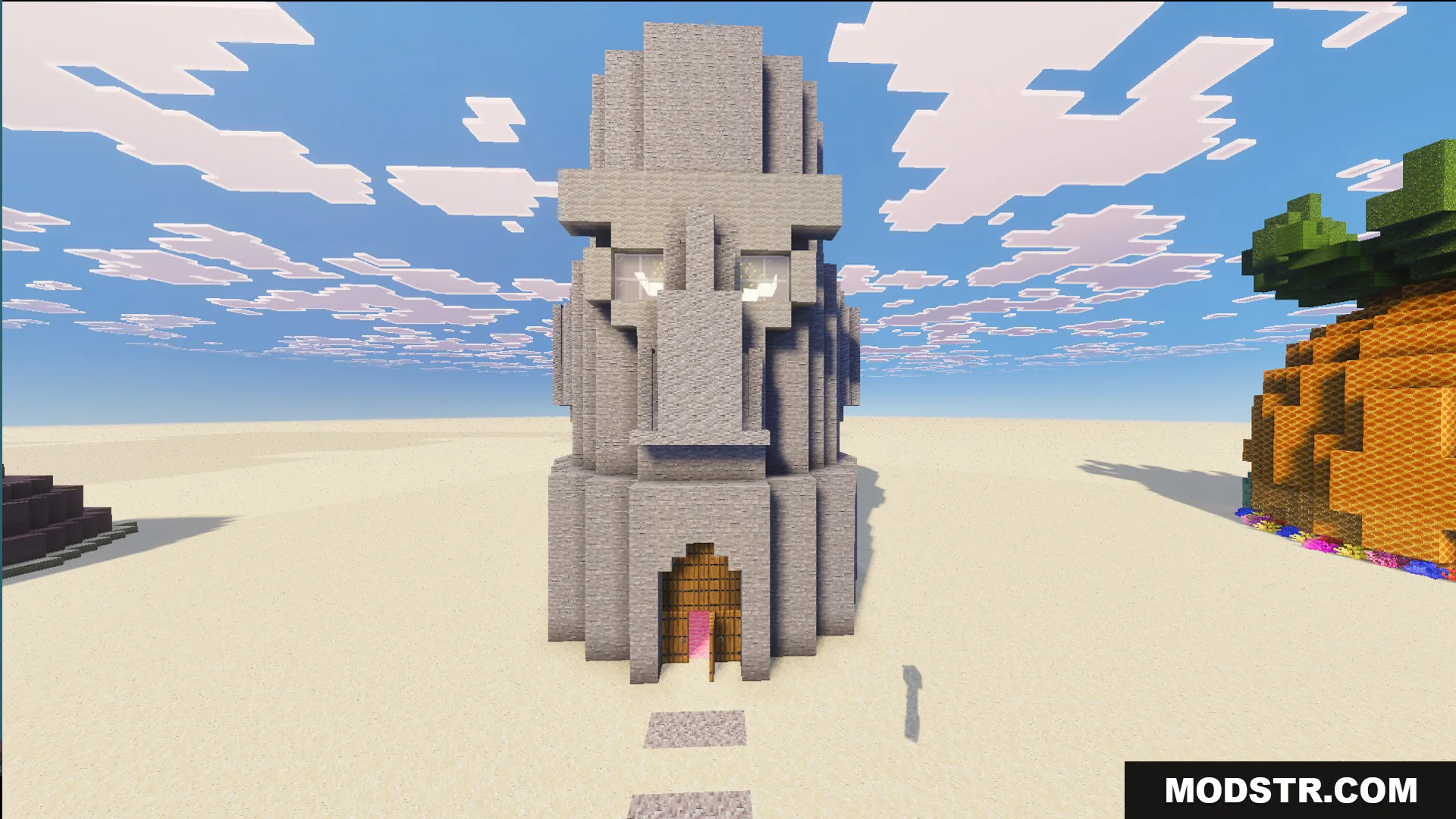 Detailed stone head house of a character in the Bikini Bottom map