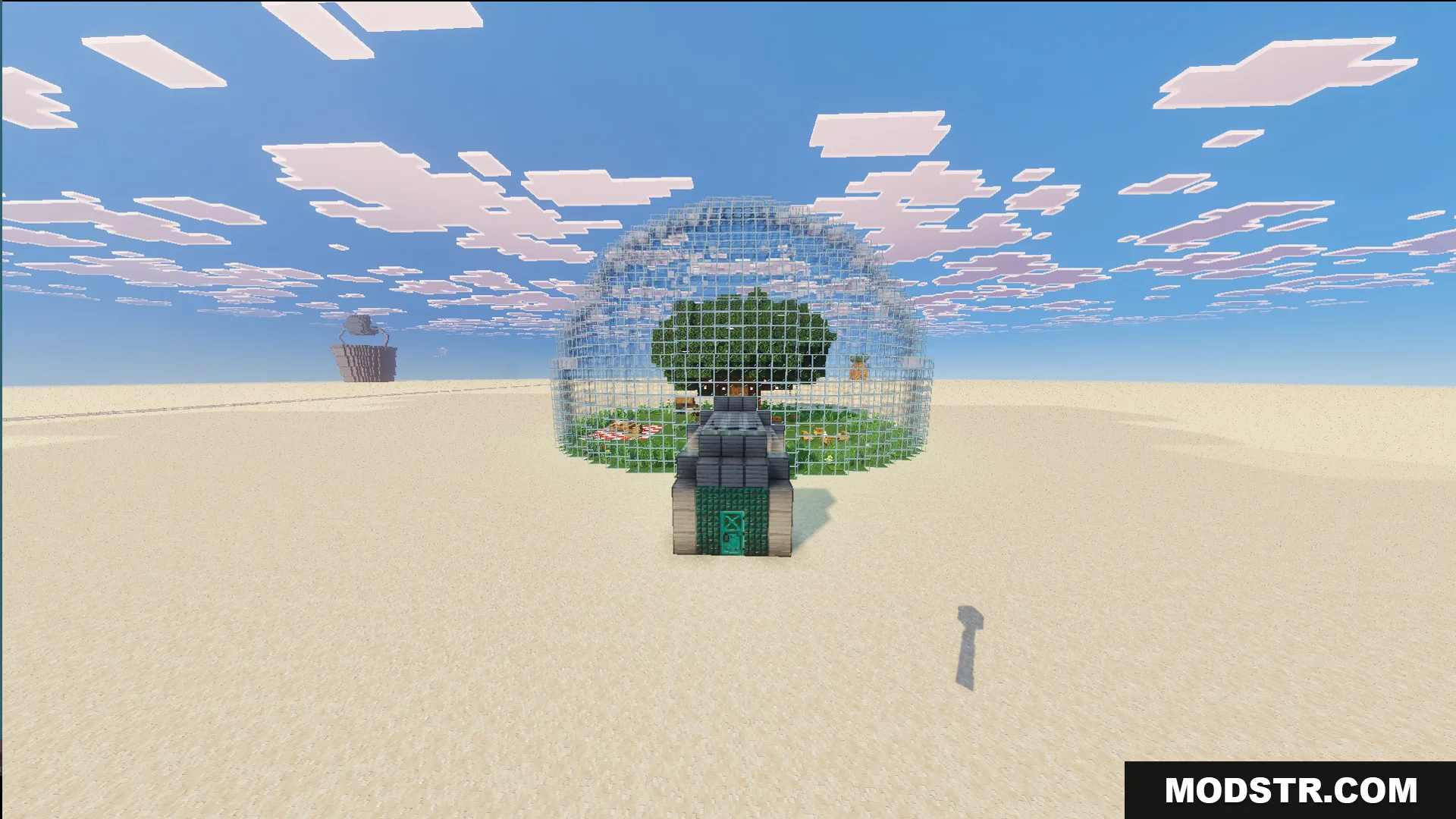 Exterior view of a glass dome structure in a flat sandy world