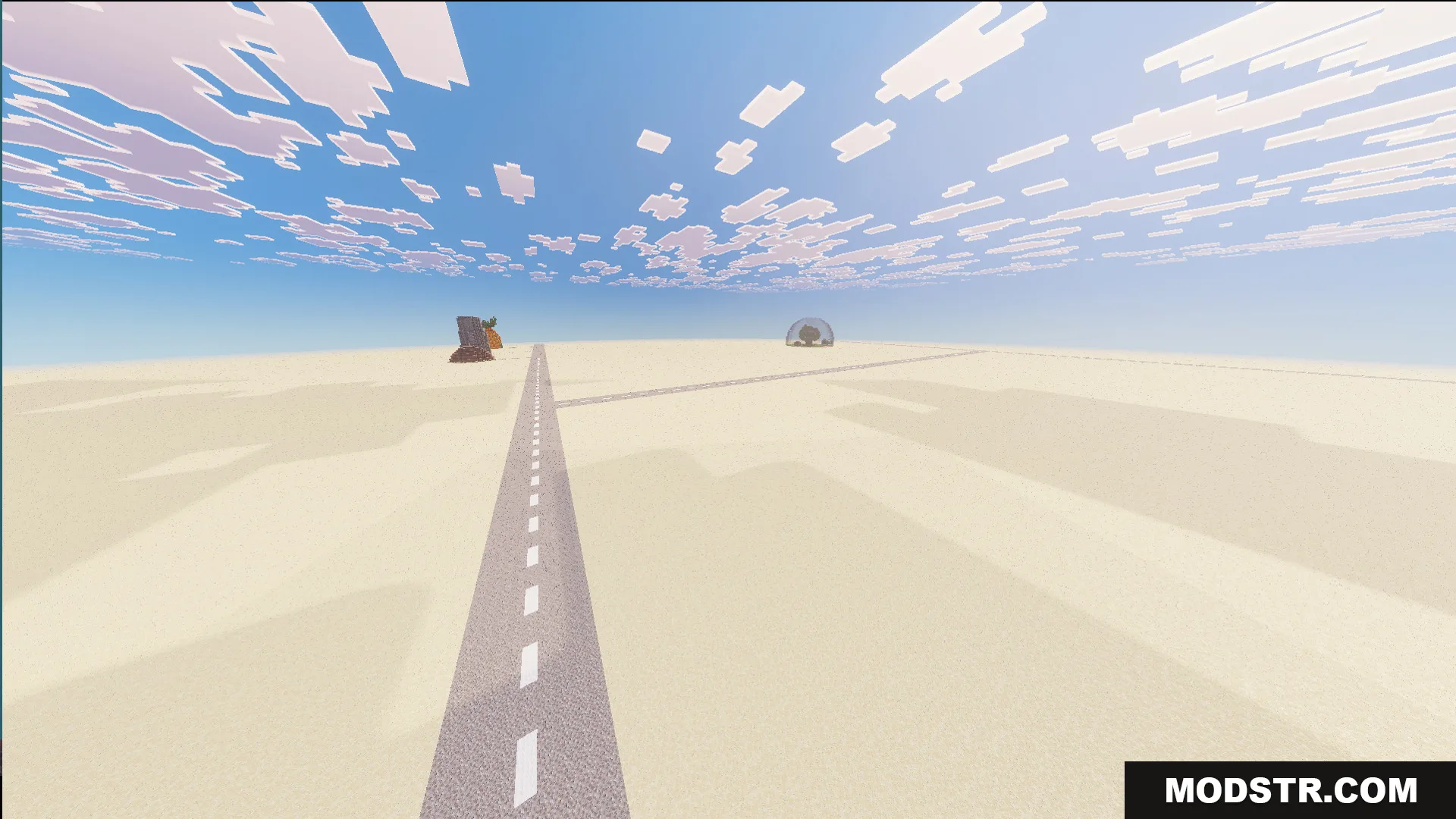 Sandy Cheeks glass dome house visible at the end of a long road