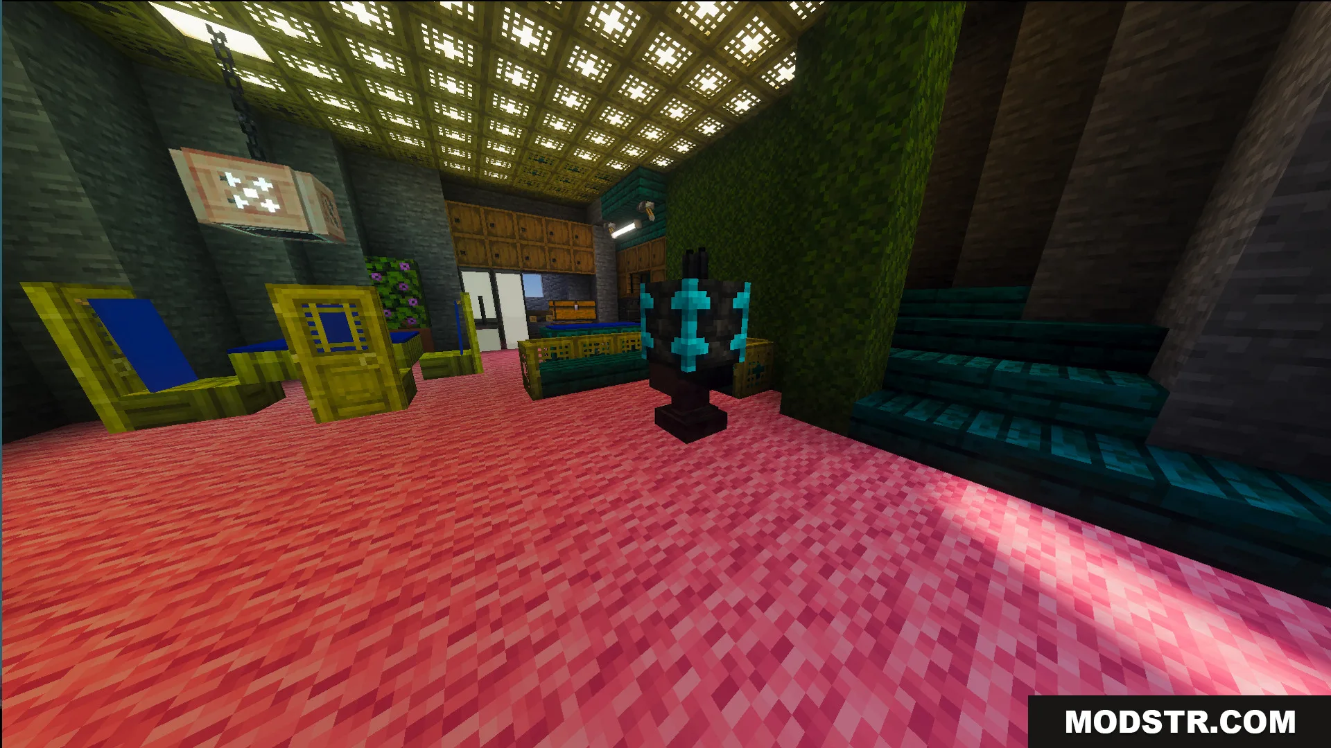 Fully decorated interior of a character home with pink carpet and teal stairs