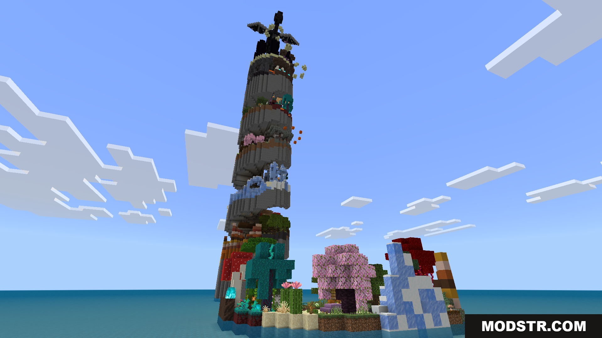 A giant parkour tower floats in the sky with many biomes
