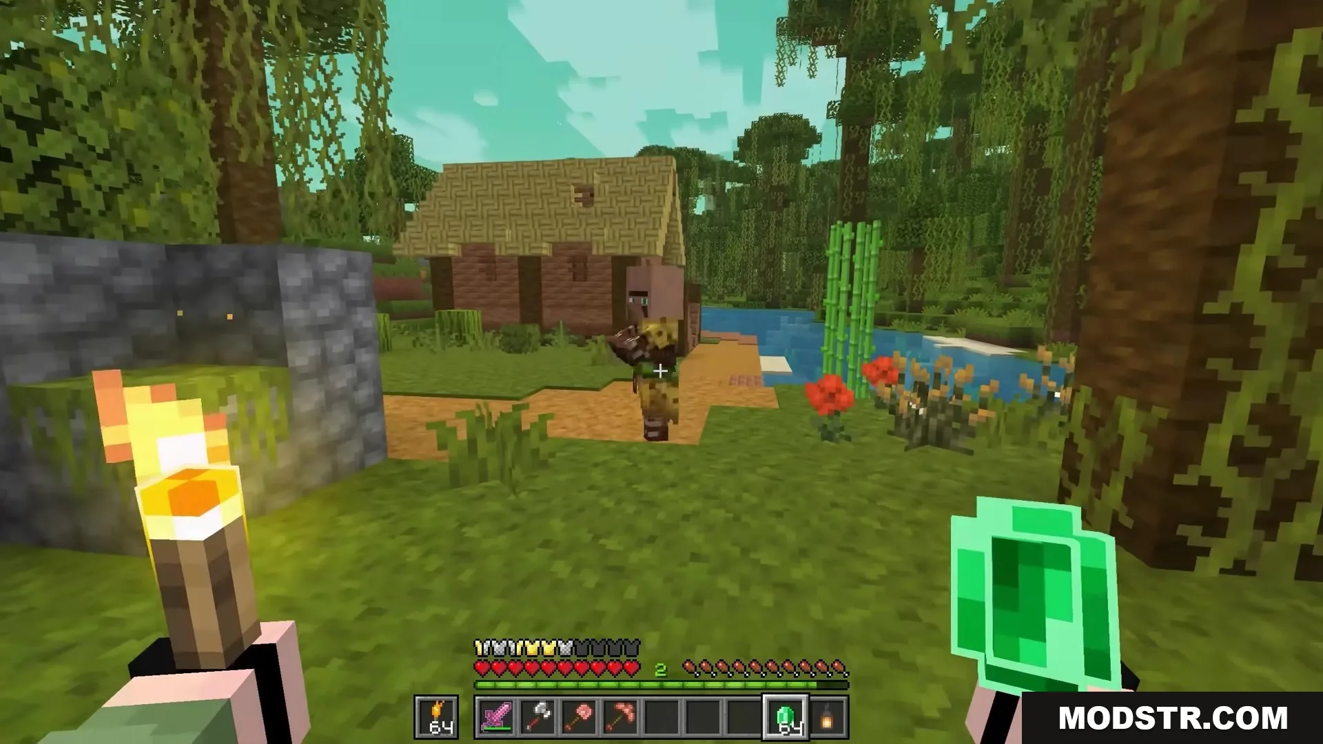 Bits and Balance Mod Screenshot 1 Minecraft player holding an emerald near a villager in a jungle village